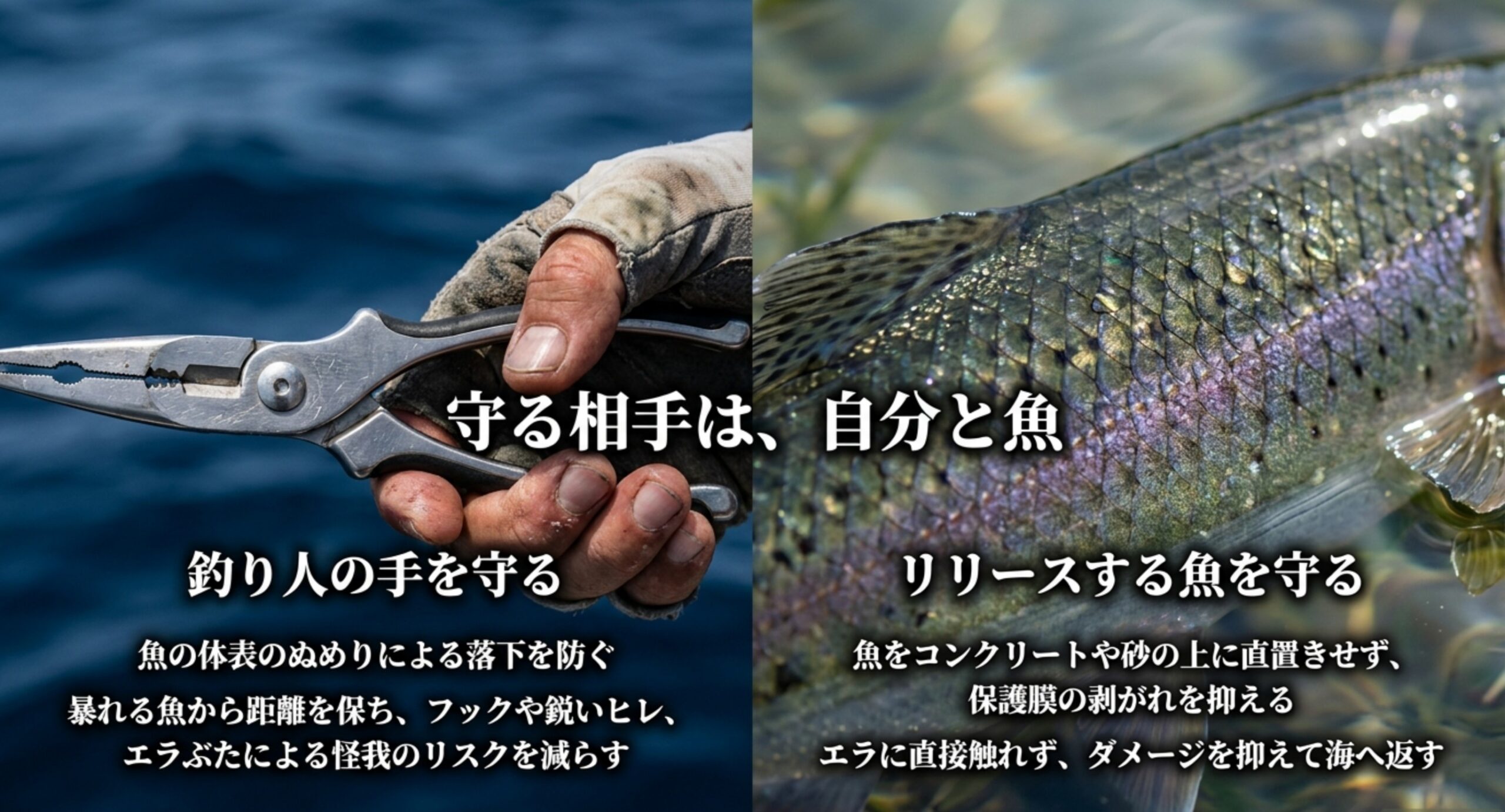 プライヤーを持つ手と魚の体表を並べ、釣り人の手を守ることとリリースする魚を守ることを示した図