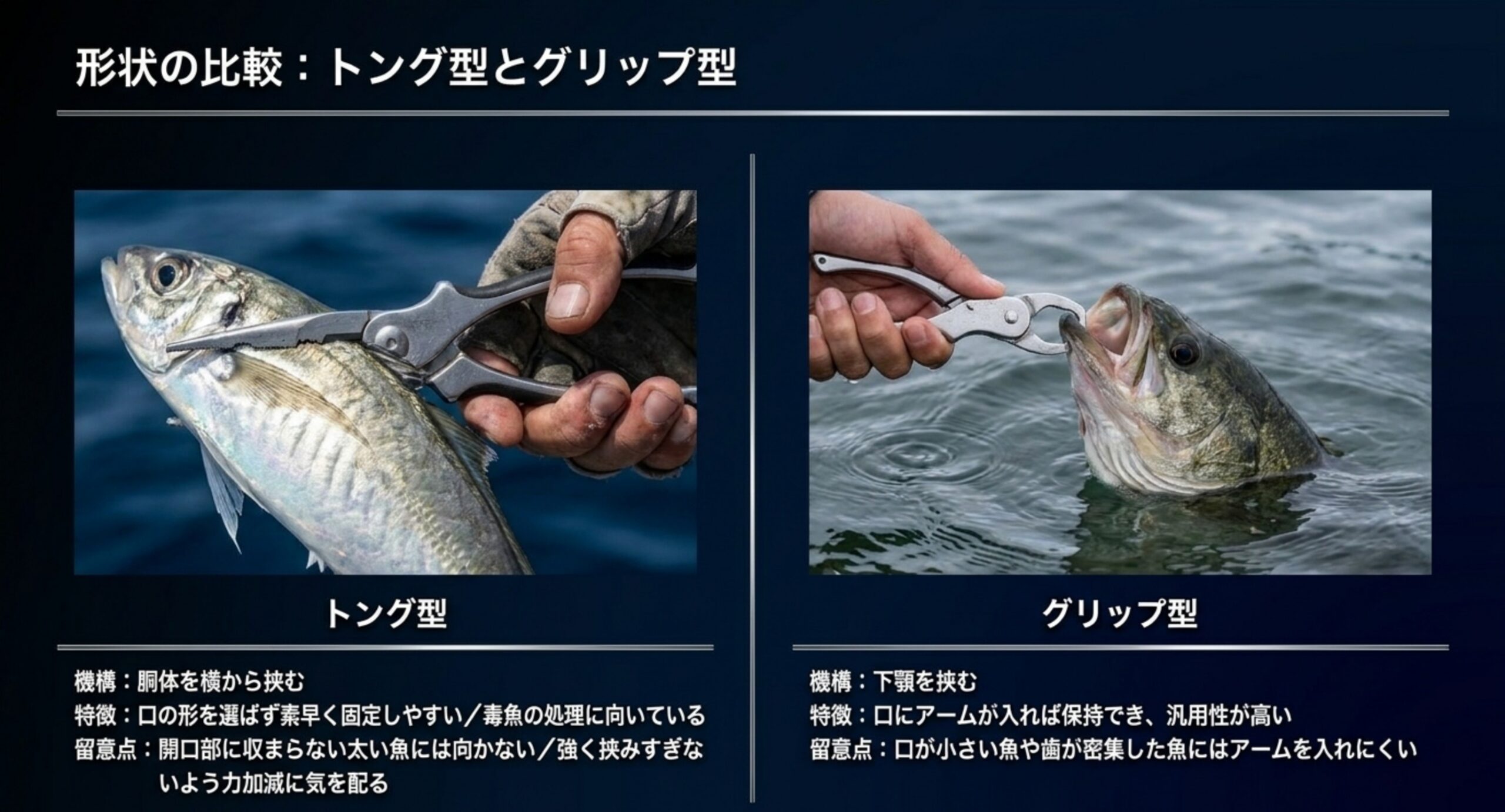胴体を横から挟むトング型と、下顎を挟むグリップ型の機構と留意点を並べて比べた図