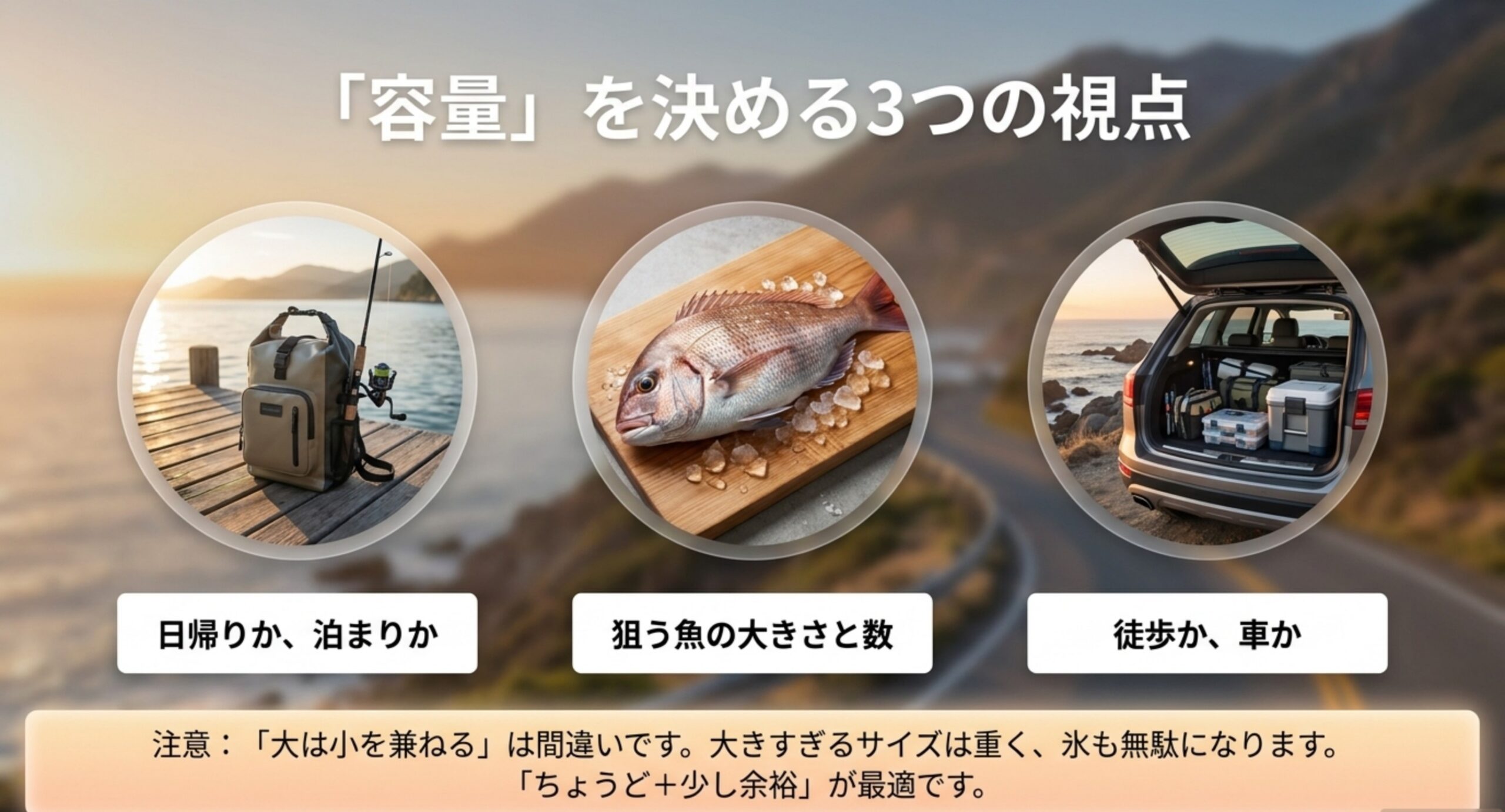 日帰りか泊まりか・狙う魚の大きさと数・徒歩か車かという、容量を決める3つの視点を並べたスライド