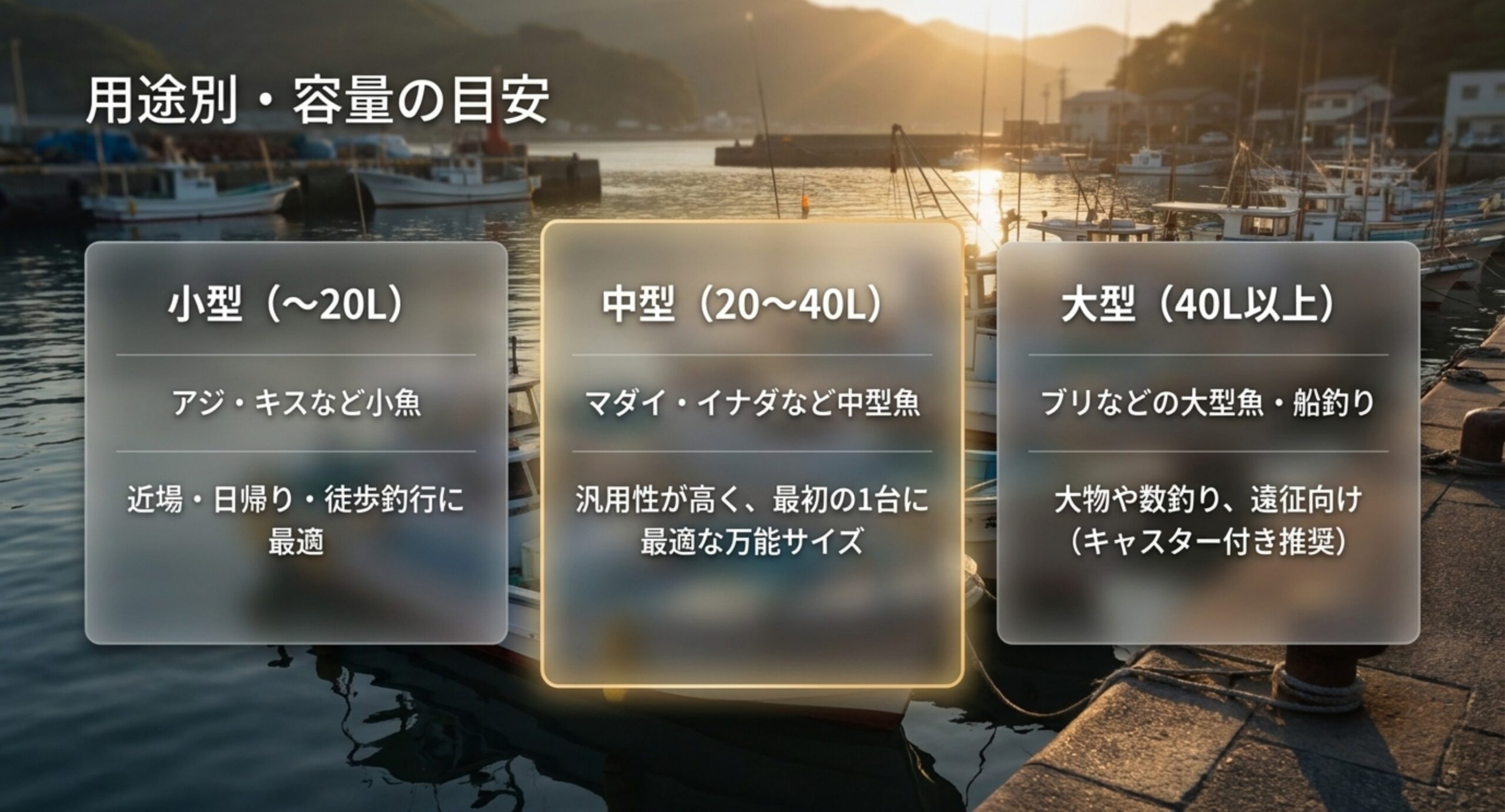 小型20L・中型20〜40L・大型40L以上の3サイズ帯を狙う魚と釣りシーン別にまとめた容量目安のスライド