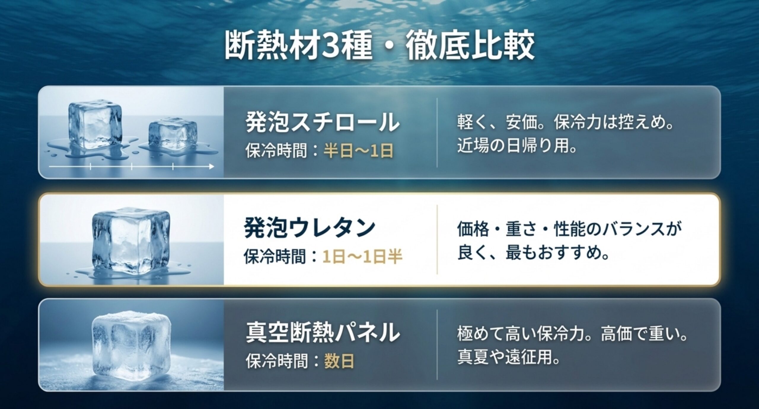 発泡スチロール・発泡ウレタン・真空断熱パネルの3種類を保冷時間と特徴で比較したスライド
