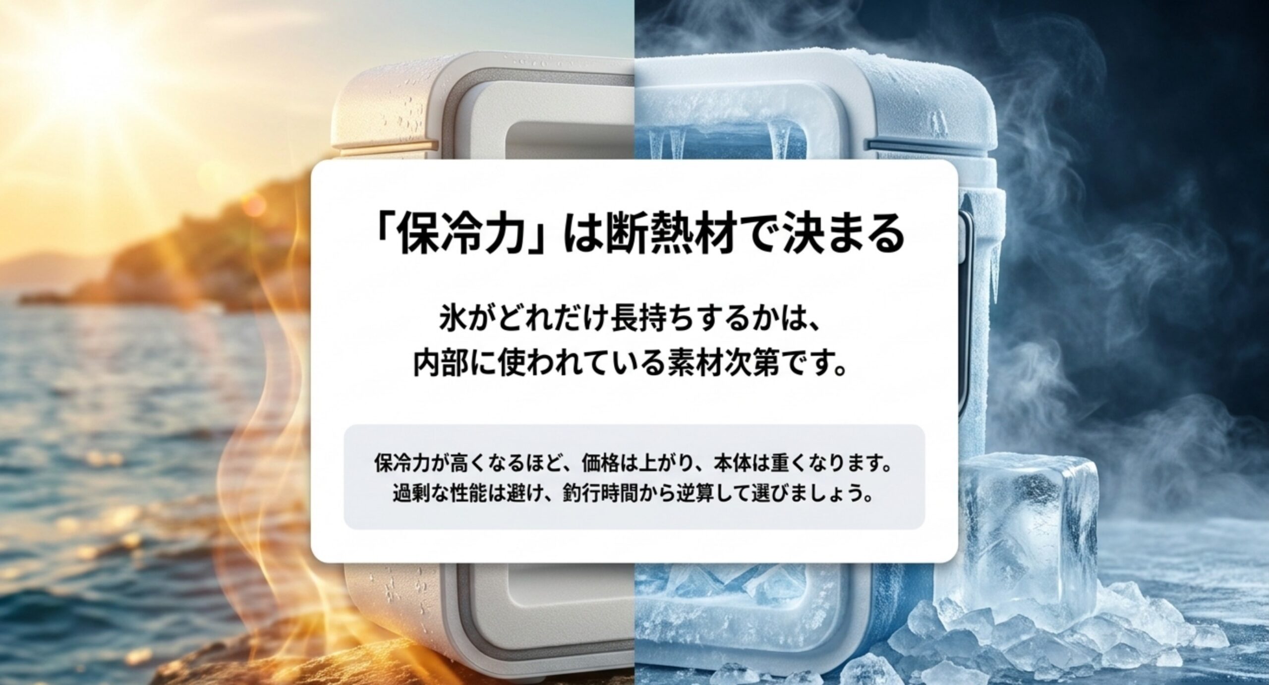氷がどれだけ長持ちするかは内部の断熱材で決まり、保冷力が上がるほど価格と重さも増すことを示したスライド