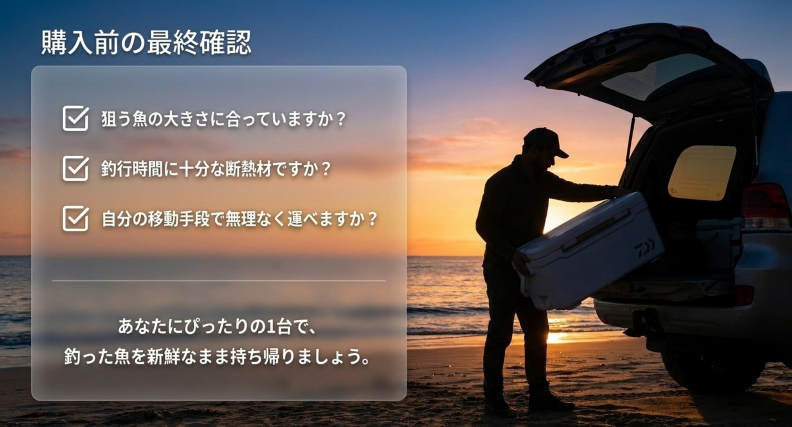 狙う魚の大きさ・断熱材・運べる重さを確認する、クーラーボックス購入前の最終チェックリストのスライド