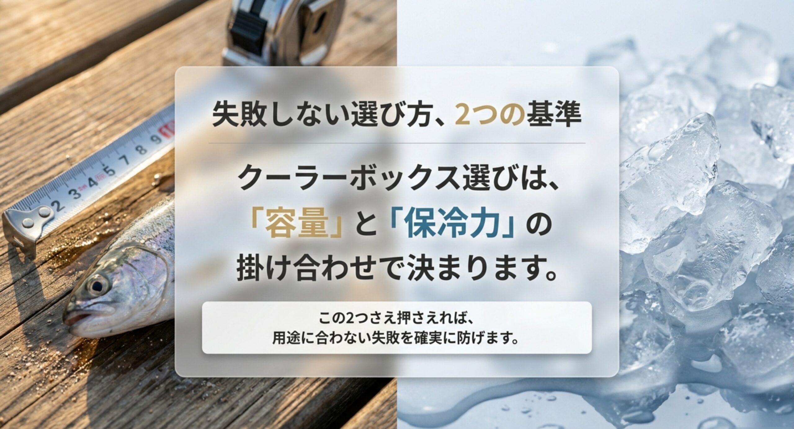 クーラーボックス選びは容量と保冷力の掛け合わせで決まることを示したスライド