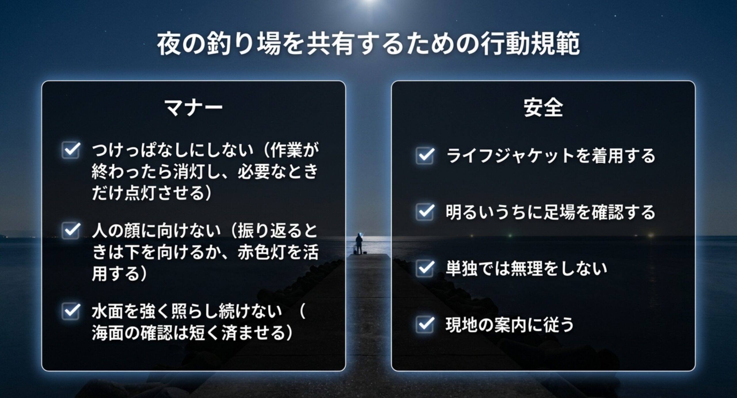 つけっぱなしにしない・人の顔に向けない・水面を強く照らし続けないというマナーと、ライフジャケット着用などの安全項目
