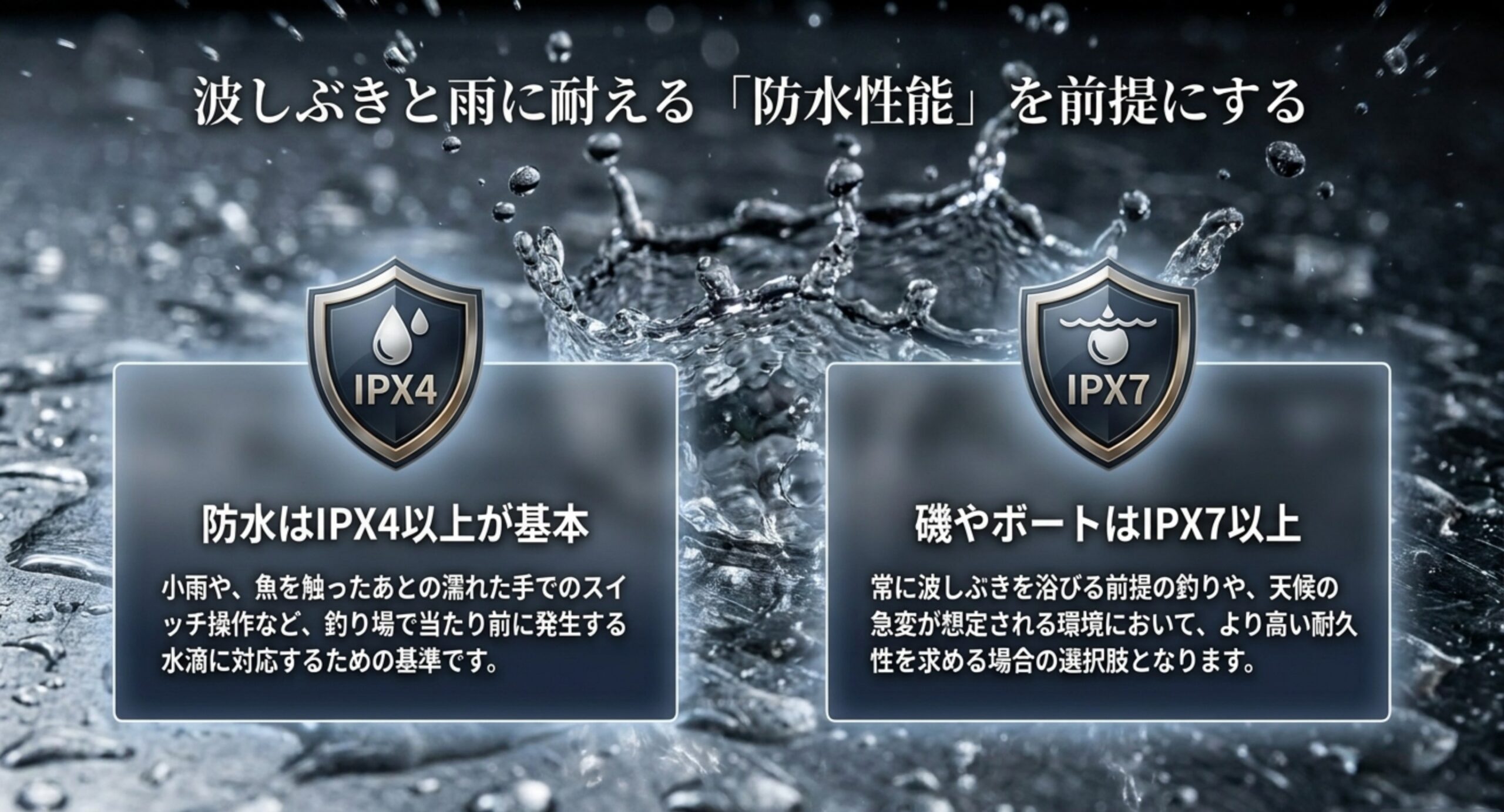 IPX4とIPX7の盾のアイコンと、それぞれが対応する釣り場の環境を説明した図