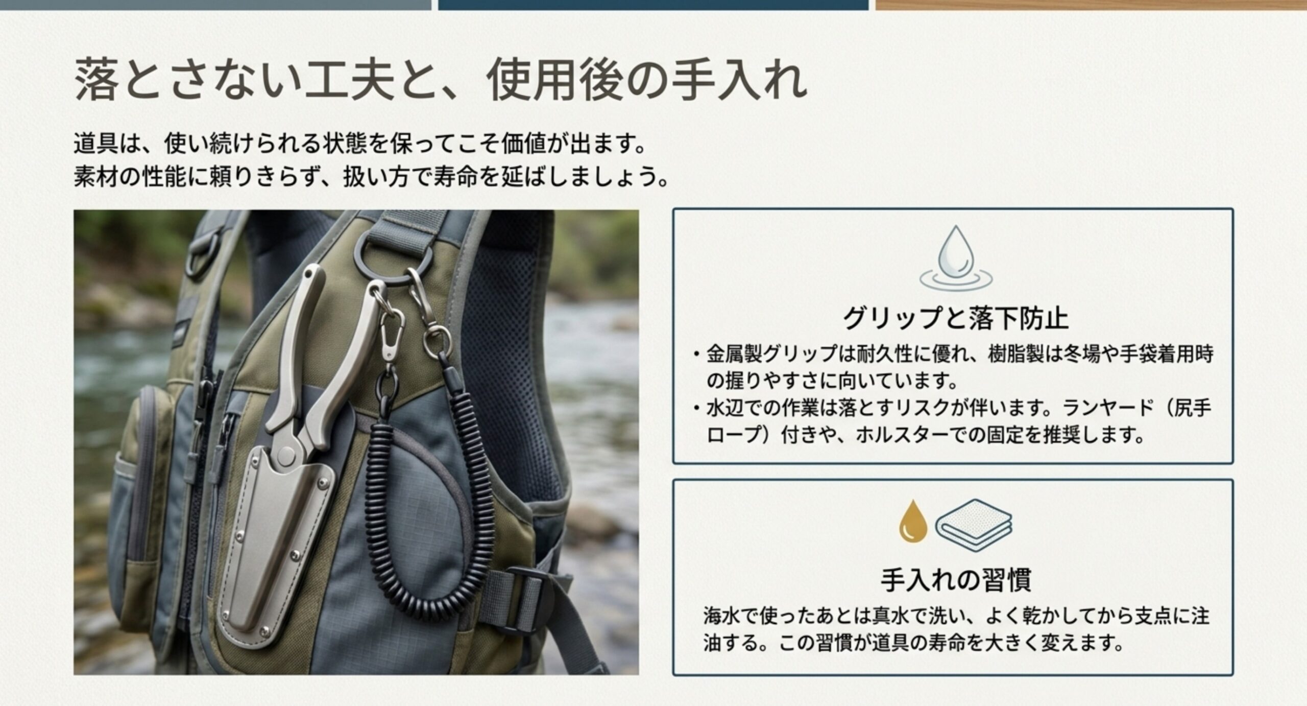 フィッシングベストにホルスターとランヤードで固定したプライヤーと、金属製グリップと樹脂製グリップの違い