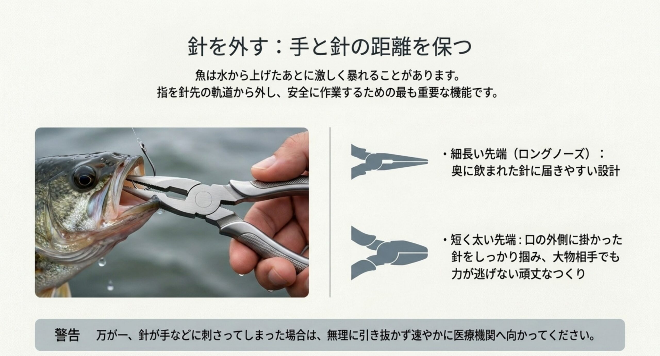 魚の口の針をプライヤーで外す様子と、ロングノーズと短く太い先端の使い分けを示した図