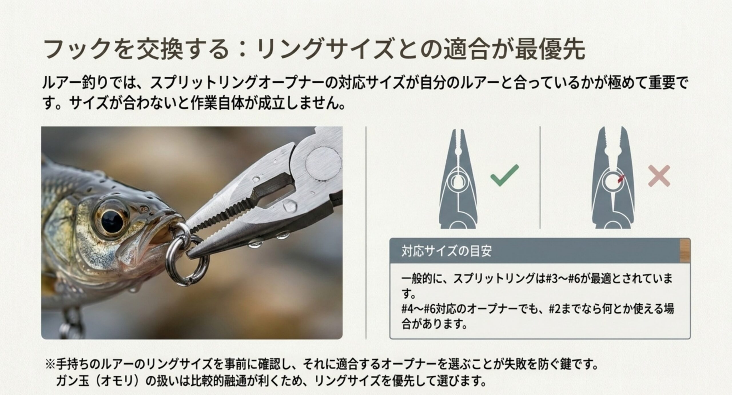 オープナーの爪がリングに合う場合と合わない場合の比較と、#3から#6が最適とされる目安