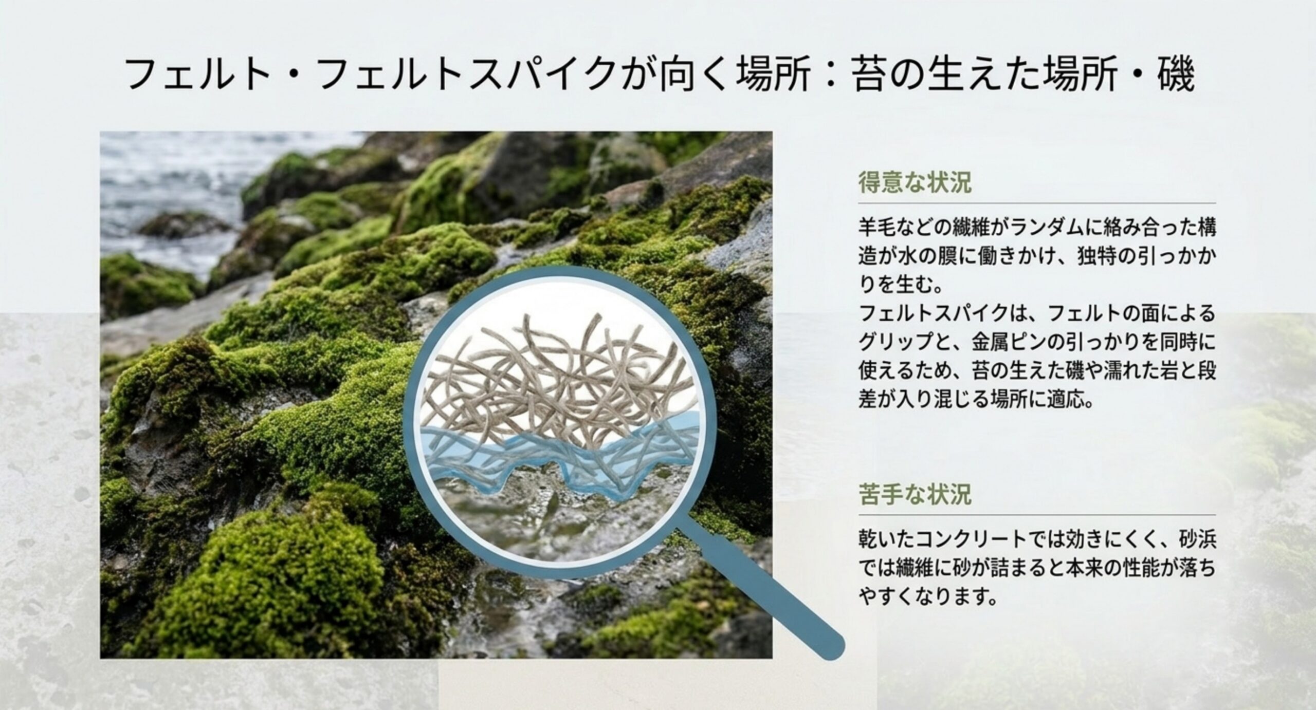苔の付いた磯の岩と、羊毛などの繊維がランダムに絡み合ったフェルトの拡大図