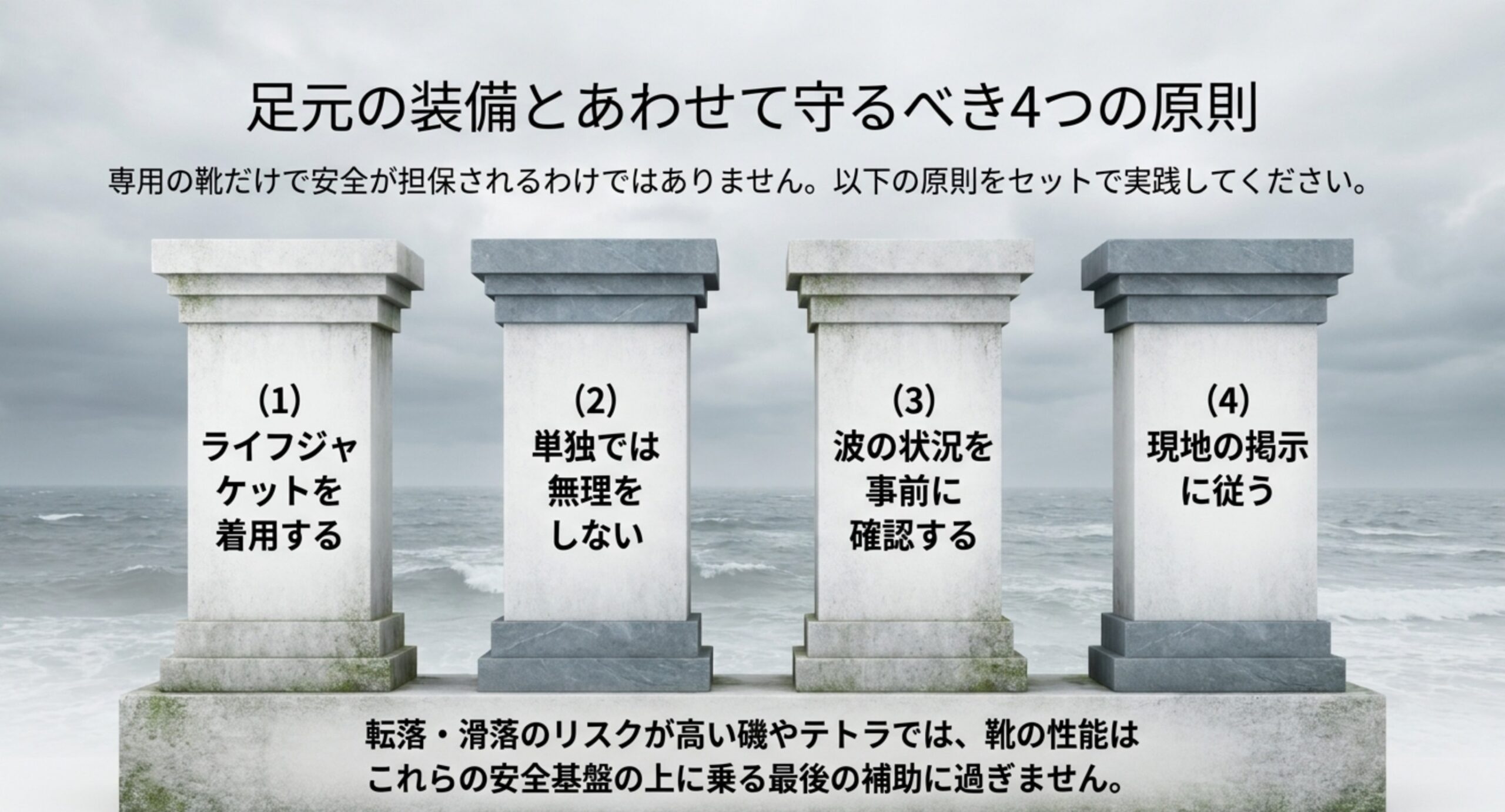 ライフジャケットの着用・単独では無理をしない・波の状況を事前に確認する・現地の掲示に従うという4本の柱を並べた図
