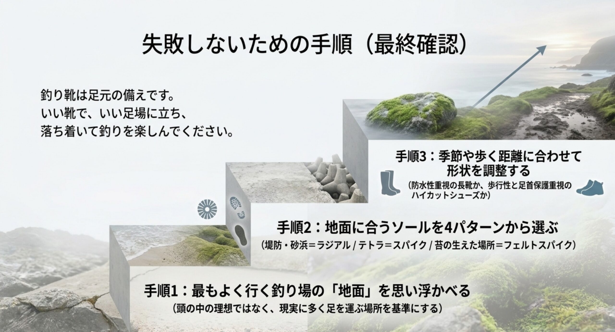 よく行く釣り場の地面を思い浮かべ、合うソールを4パターンから選び、季節と歩く距離で形状を調整する3段階の階段図