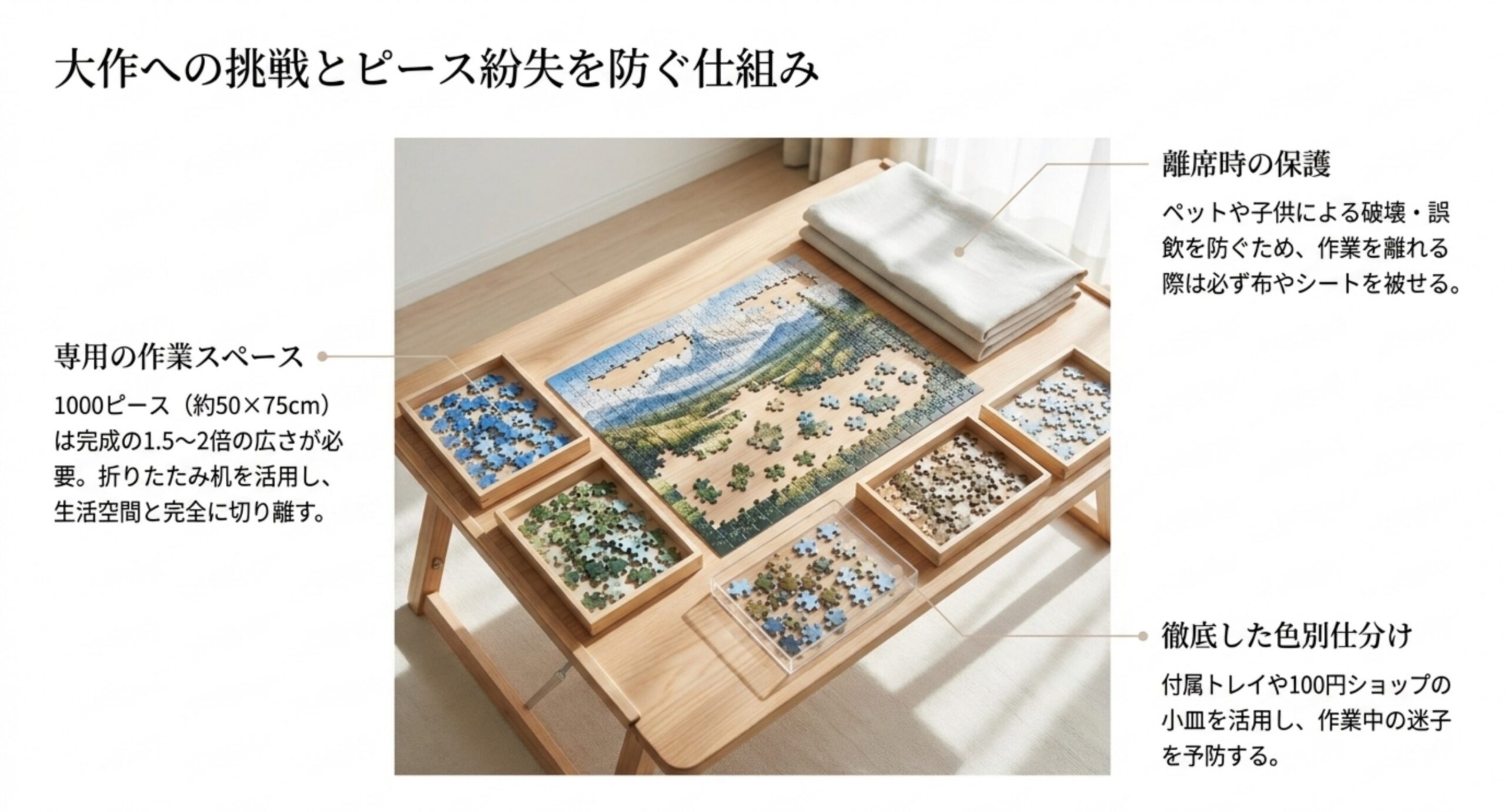 1000ピース（約50×75cm）に必要な作業スペースと、仕分けトレイ・離席時のカバーでピース紛失を防ぐ配置を示した図