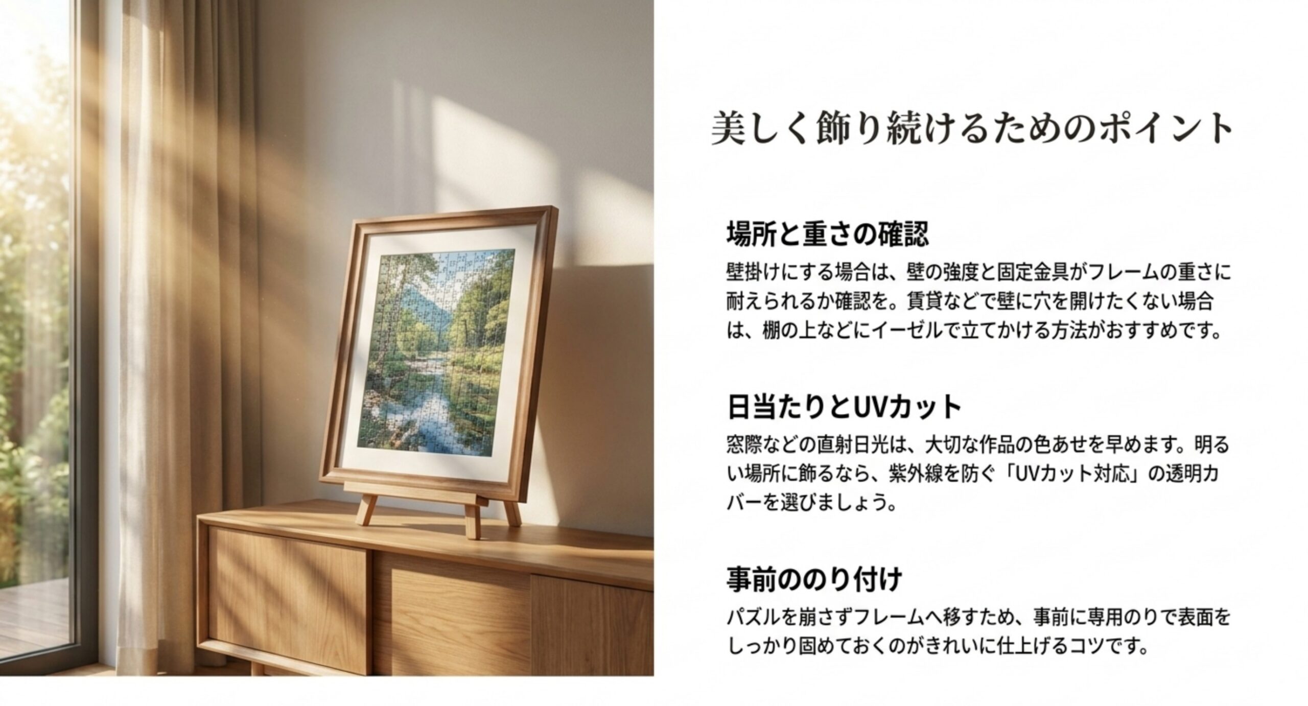 場所と重さの確認・日当たりとUVカット・事前ののり付けという、パズルを美しく飾るポイントを示したスライド