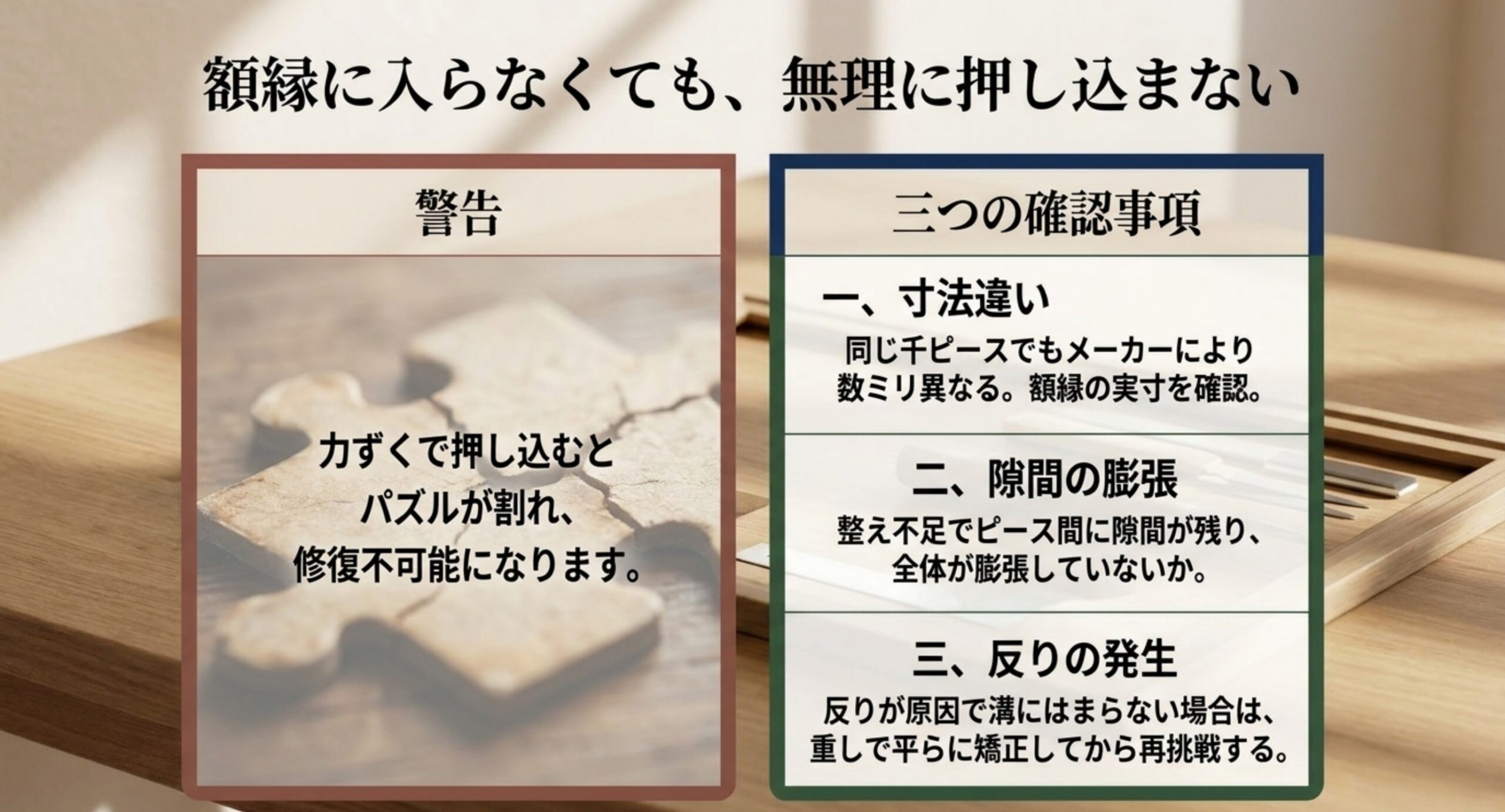 額縁に入らないときの3つの確認事項 額縁に入らないときに確認したい寸法違い、隙間の膨張、反りの発生という3点と、力ずくで押し込む危険を示したスライド。