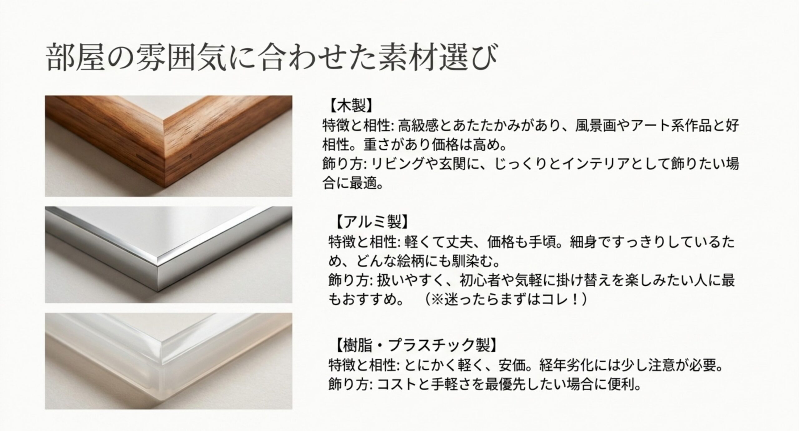 木製・アルミ製・樹脂プラスチック製の3種類のフレームの特徴と向いている飾り方を比較したスライド