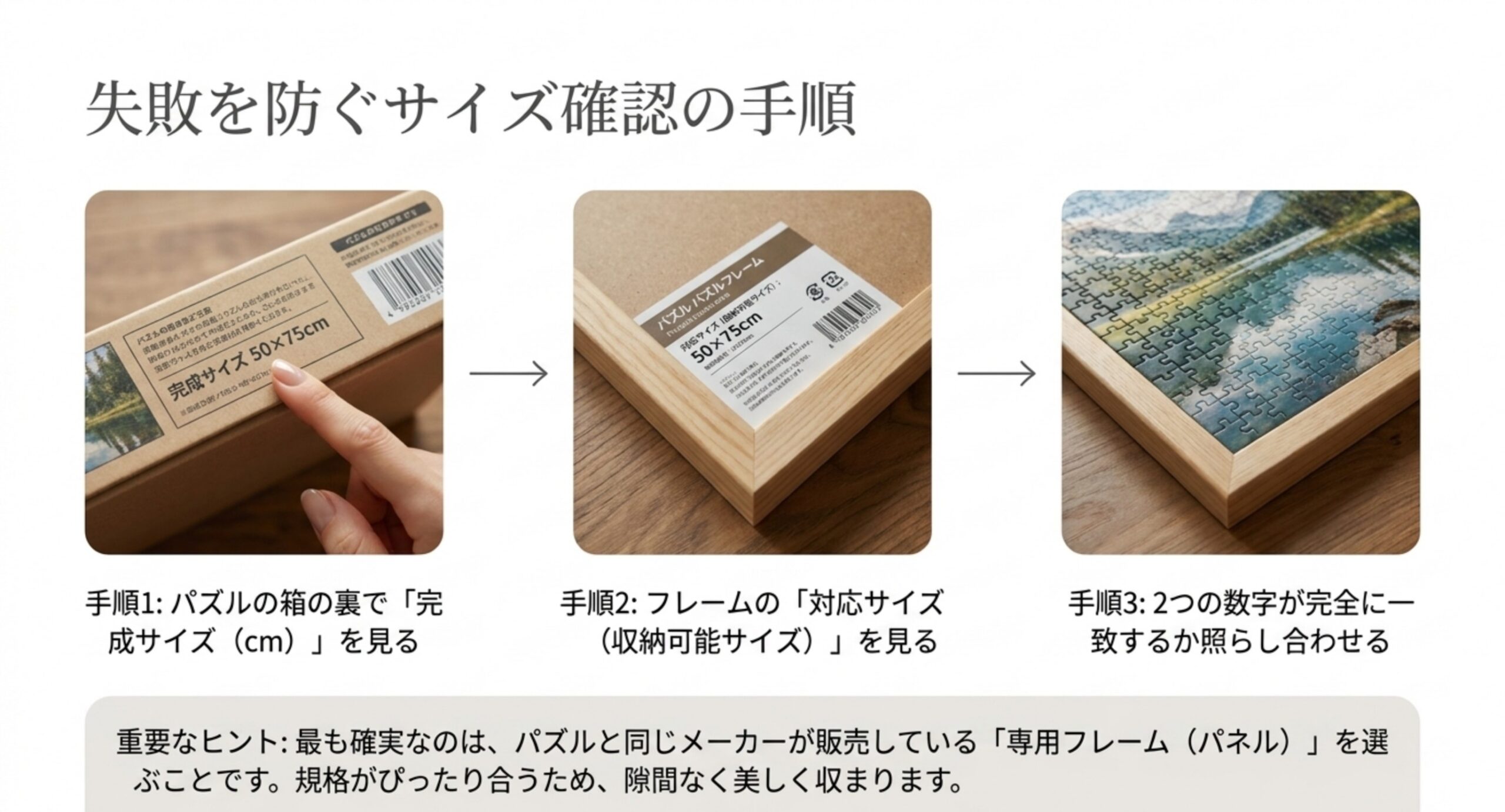 パズルの完成サイズとフレームの対応サイズを確認し照らし合わせる、サイズ確認の3ステップを示したスライド