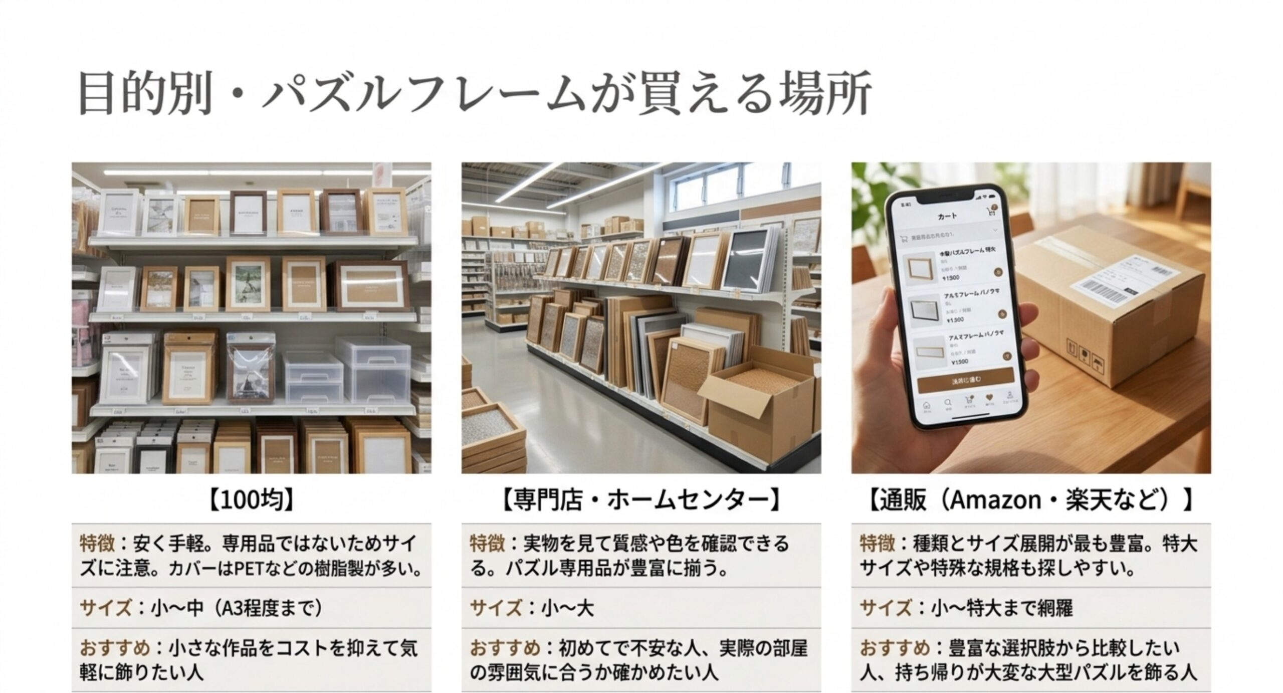 100均・専門店やホームセンター・通販の3つの購入先を特徴とサイズ幅で比較したスライド