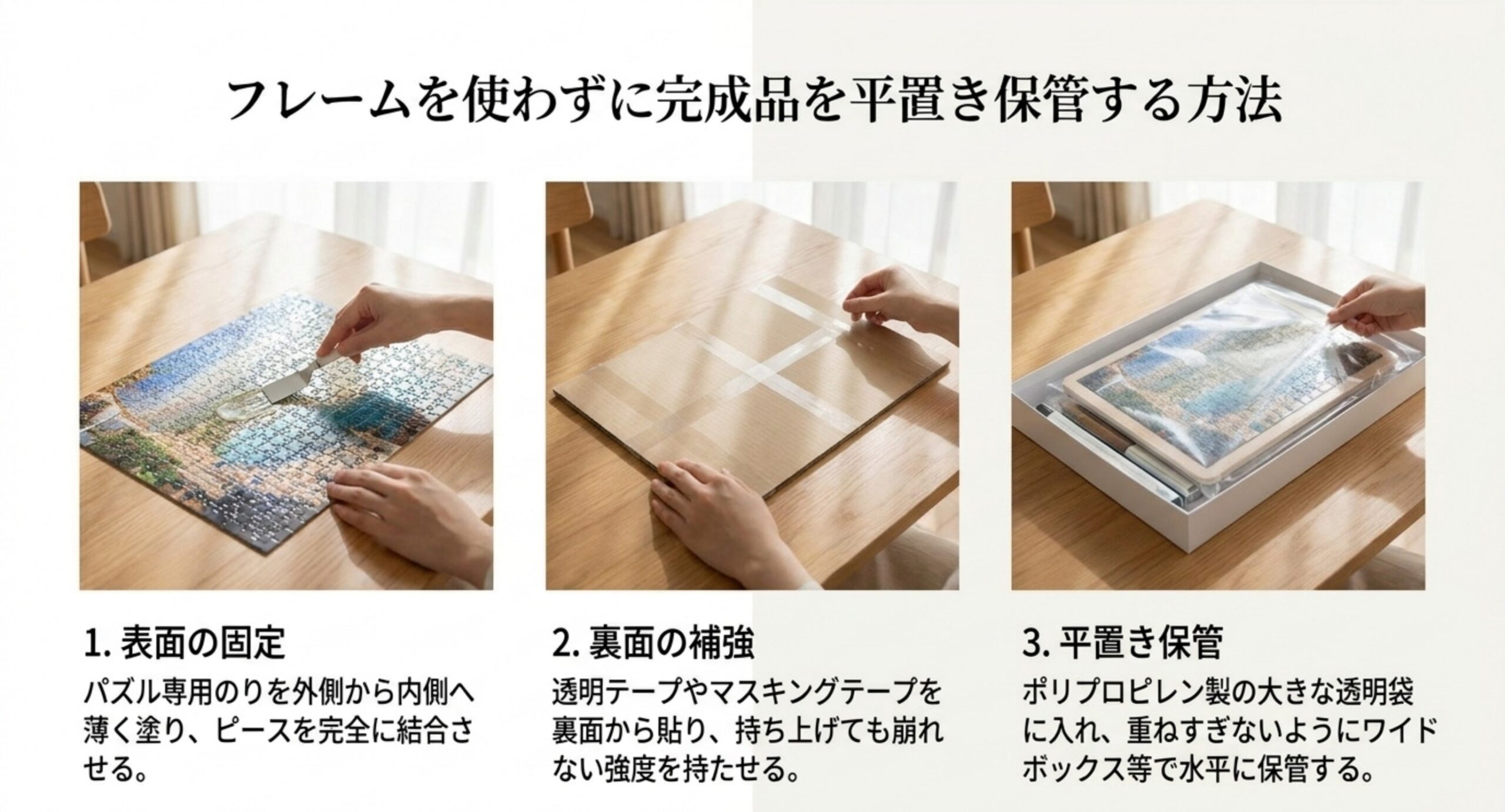 パズル専用のりで表面を固定し、裏面をテープで補強してから、透明袋に入れて水平に保管する3ステップを示した図