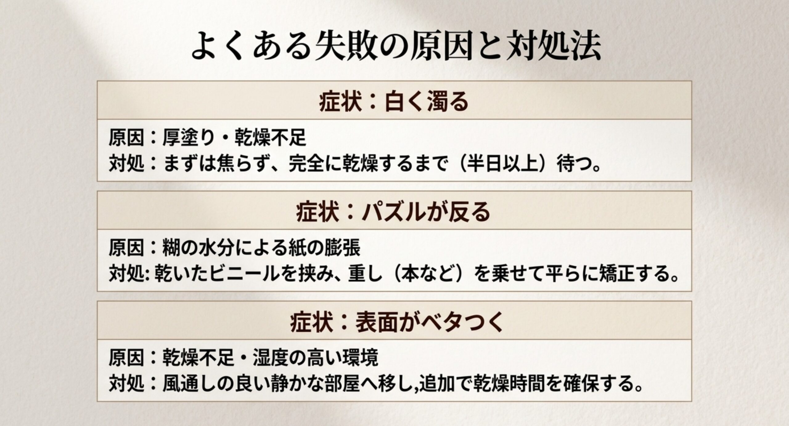 白く濁る・反る・ベタつくの原因と対処 白く濁る、パズルが反る、表面がベタつくという3つの失敗について、それぞれの原因と対処法を並べたスライド。