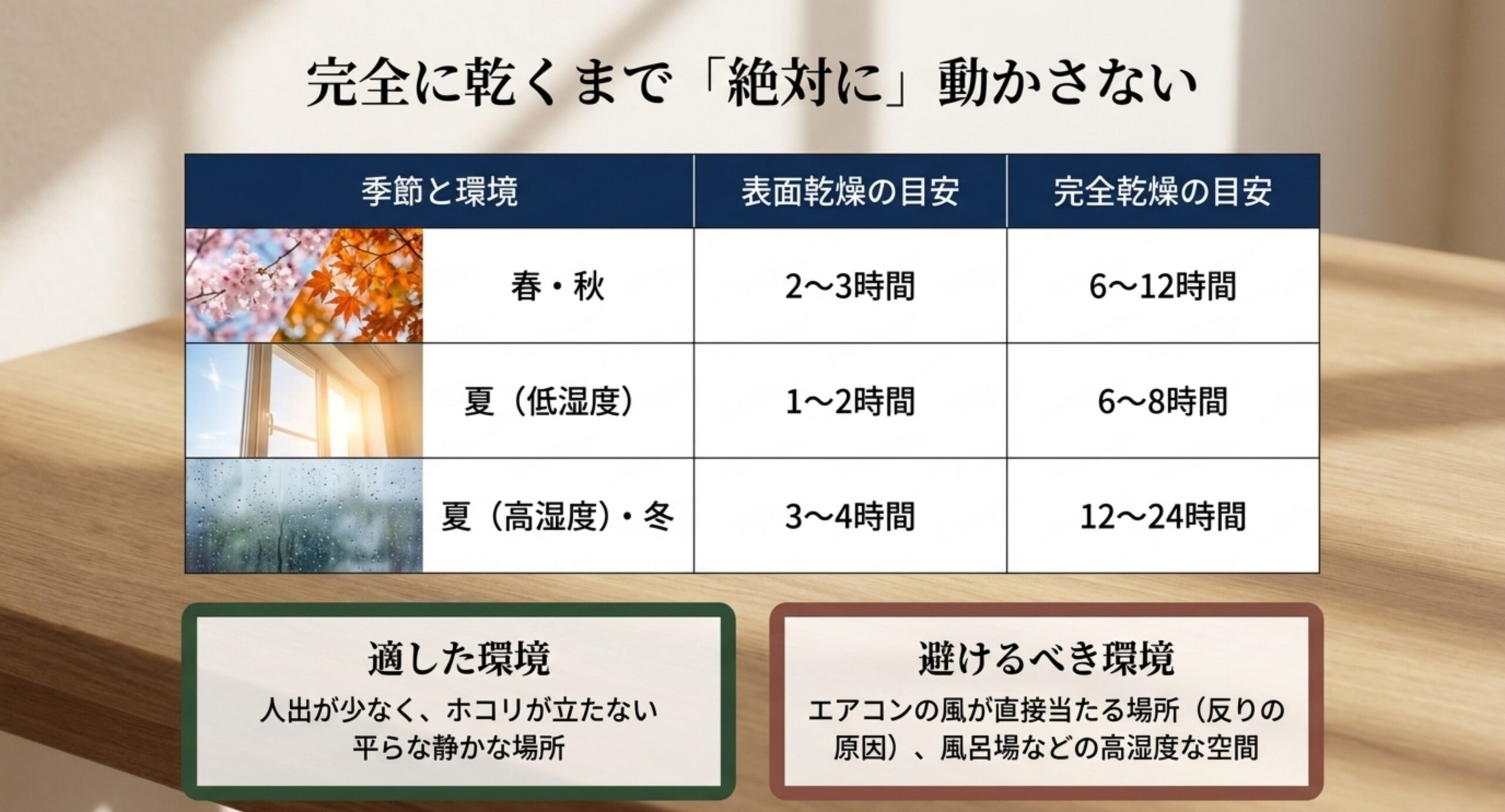 季節と環境で変わる乾燥時間の目安 春や秋、夏の低湿度の日、夏の高湿度の日と冬について、表面乾燥と完全乾燥にかかる時間の目安をまとめた表のスライド。