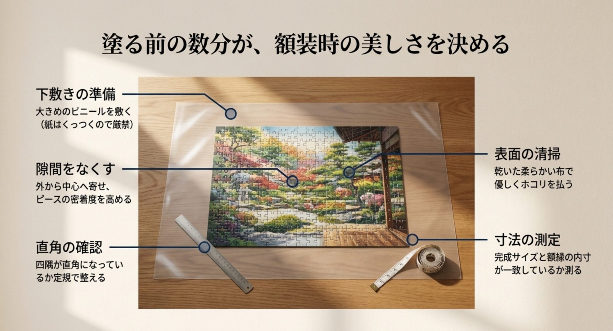 糊付け前に整える5つの準備 下敷きの準備、隙間をなくす、直角の確認、表面の清掃、寸法の測定という糊付け前の5つの準備を1枚に示したスライド。