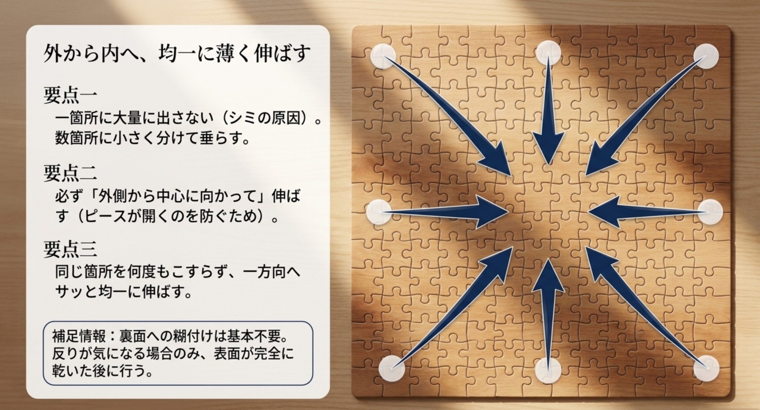 外側から中心へ均一に薄く伸ばす のりを数箇所に分けて垂らし、外側から中心へ向かって均一に薄く伸ばす塗り方の要点を矢印で示したスライド。