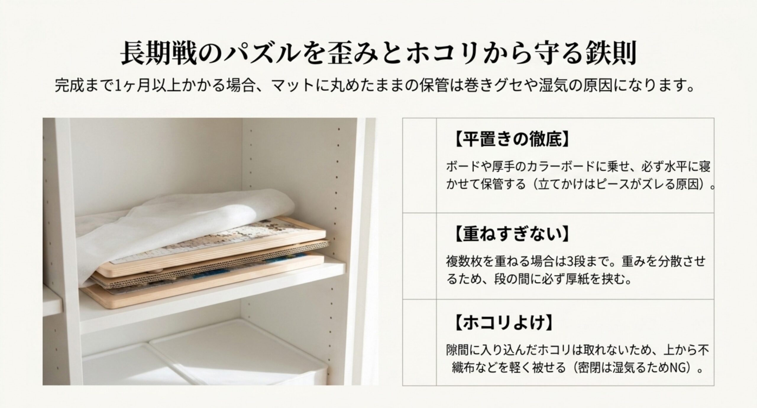 作りかけのパズルを水平に寝かせ、重ねるのは3段までにして段の間に厚紙を挟み、上から不織布を軽く被せる保管方法を示した図