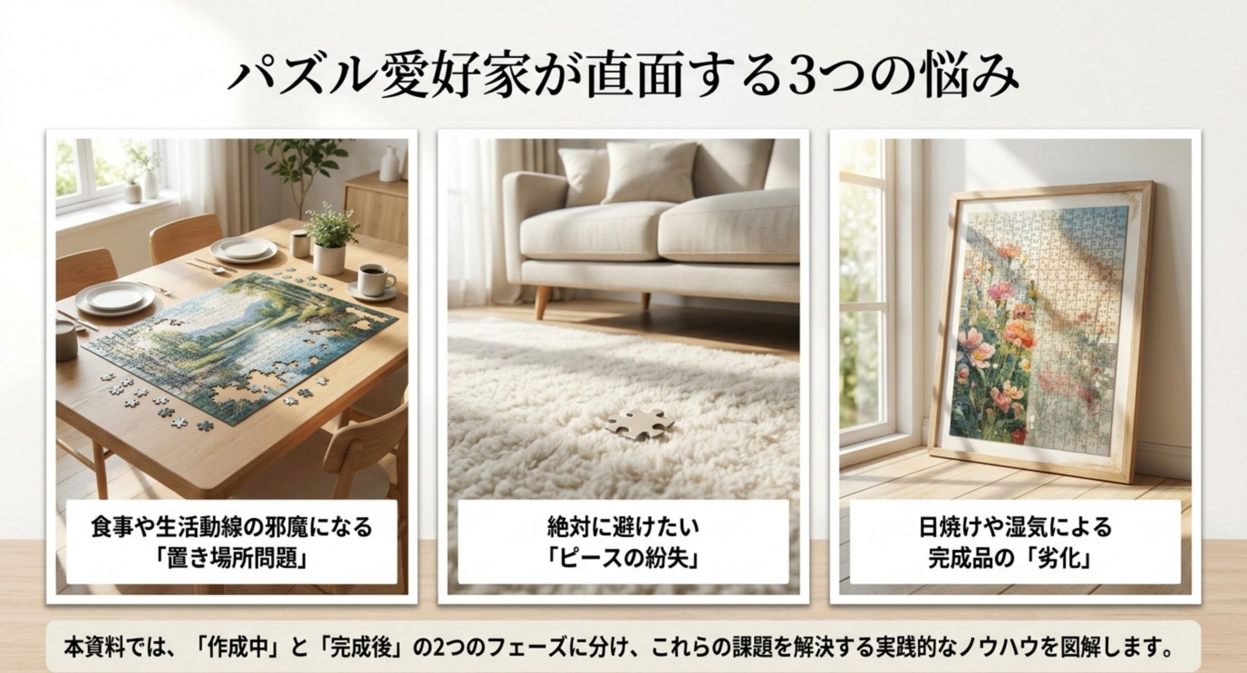 食事や生活動線の邪魔になる置き場所、ピースの紛失、日焼けや湿気による完成品の劣化という3つの悩みを並べた図