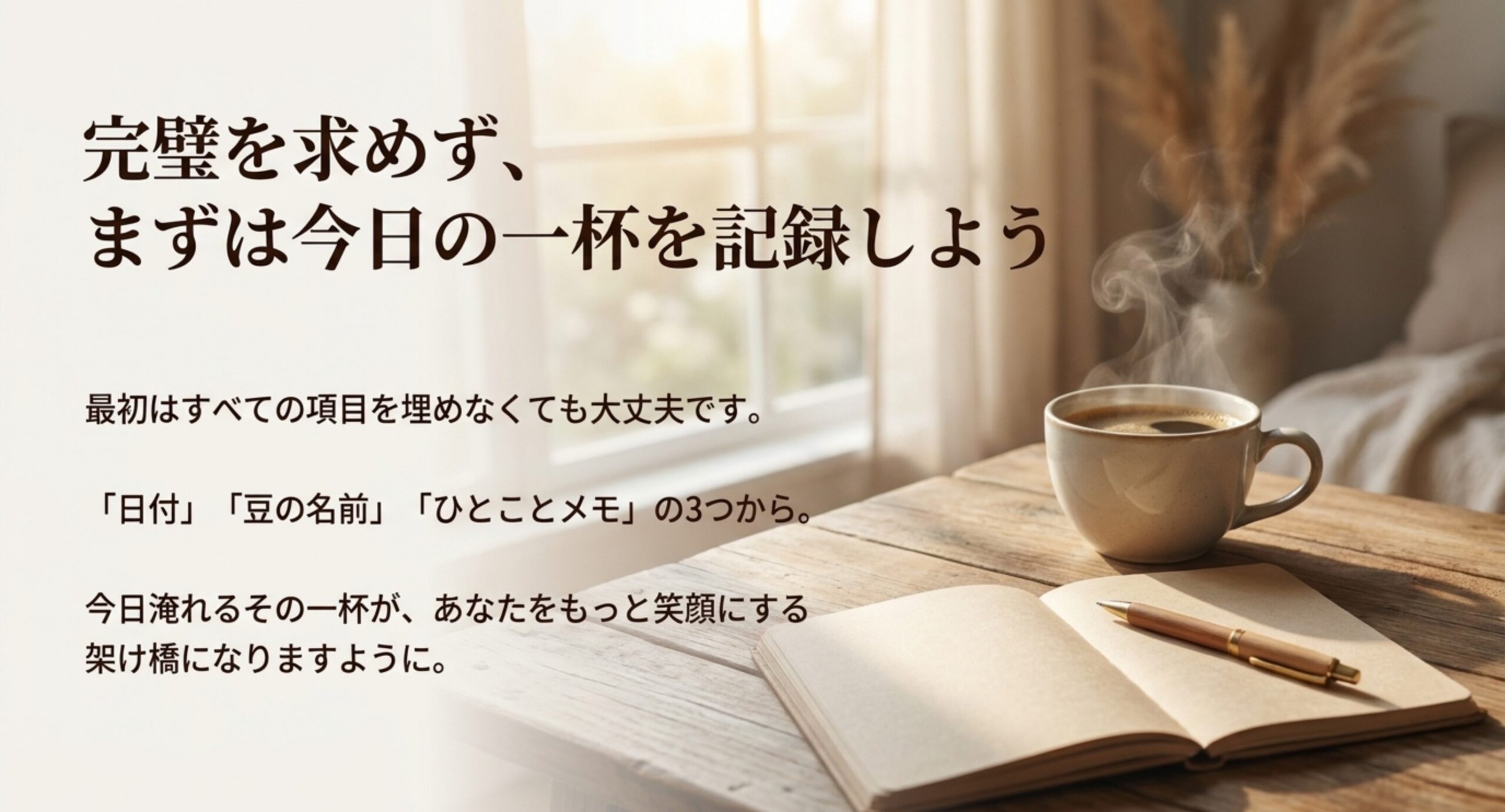 日付・豆の名前・ひとことメモの3つから気軽に始めようという継続のコツをまとめたスライド