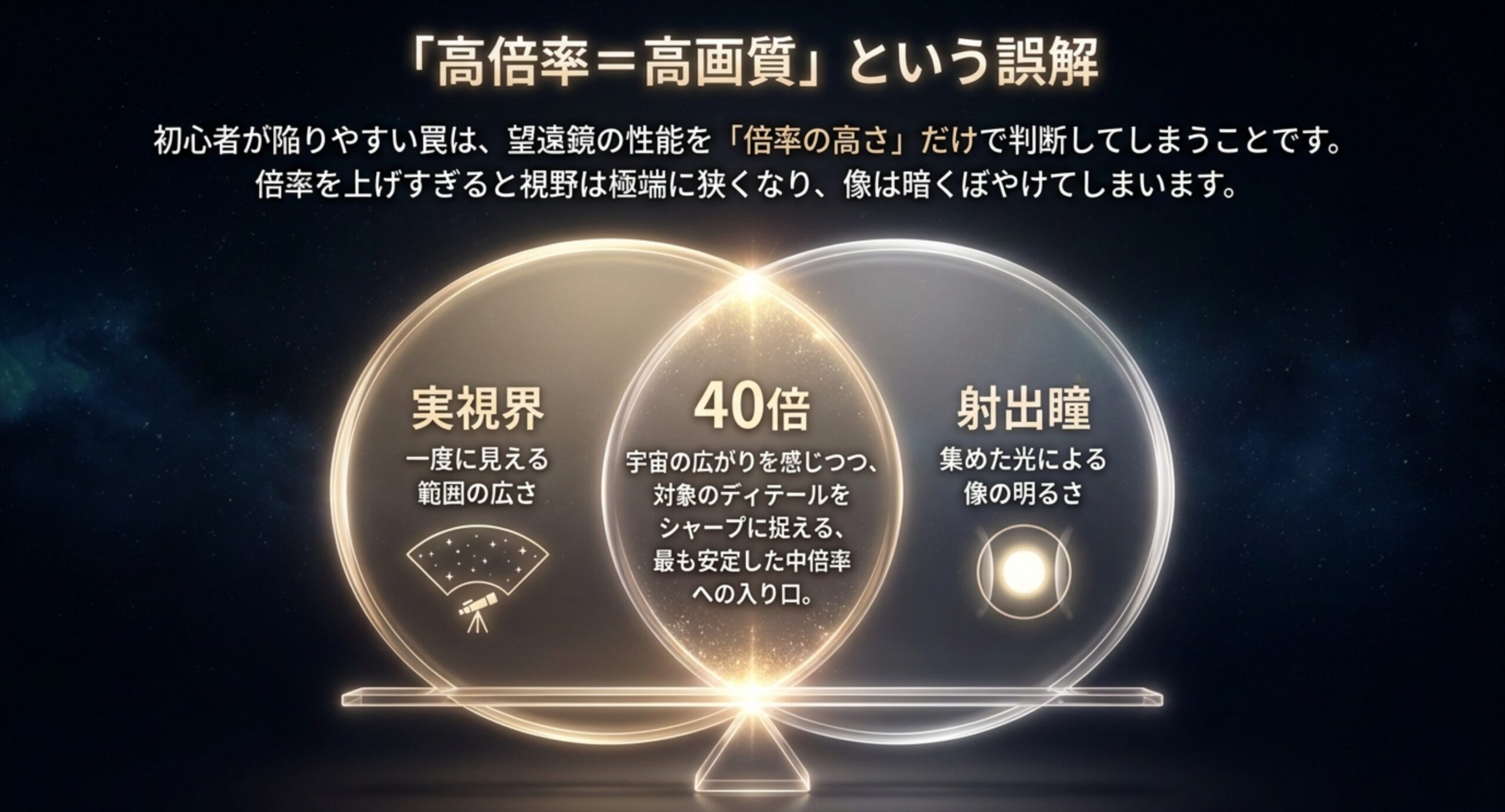望遠鏡の性能を倍率の高さだけで判断する罠と、実視界・40倍・射出瞳のバランスを示した図解スライド