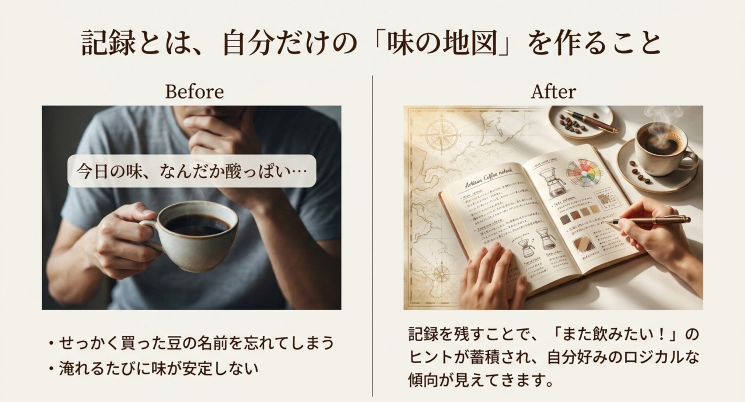 記録がないと味が安定しない状態と、記録で好みの傾向が見えてくる状態をビフォーアフターで比較したスライド