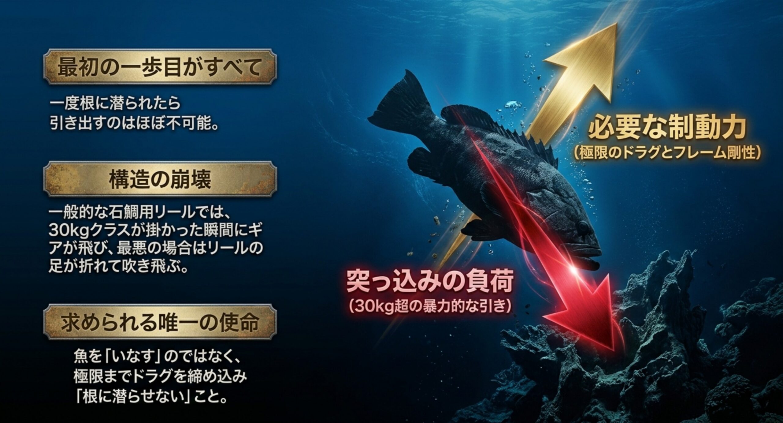 根に潜ろうとする30kg超のクエの突っ込みと、それを受け止めるドラグとフレーム剛性の関係を図解したスライド