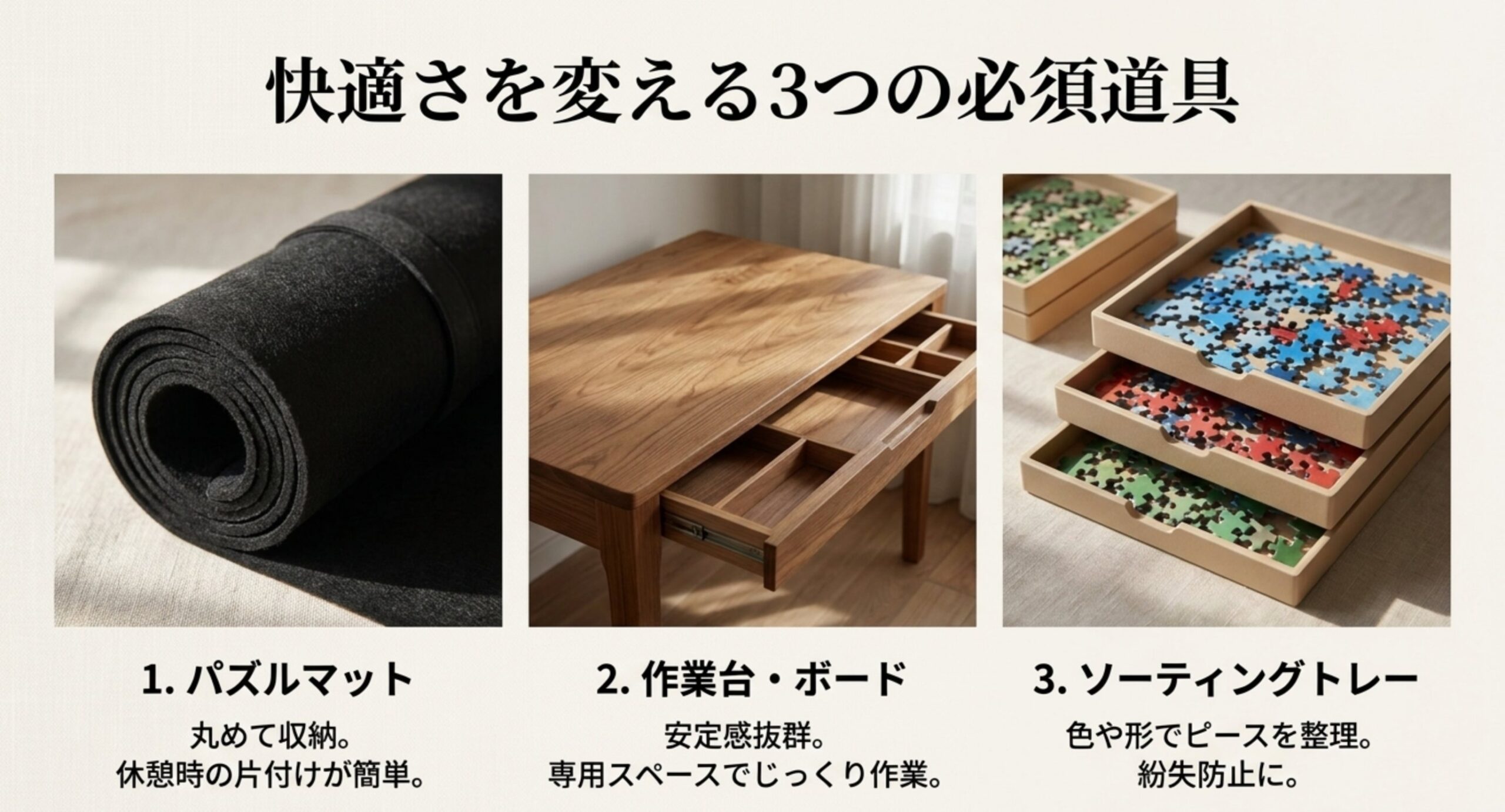 丸めて収納できるパズルマット、引き出し付きの作業台、色や形で仕分けるソーティングトレーの3種類を示したイメージ図