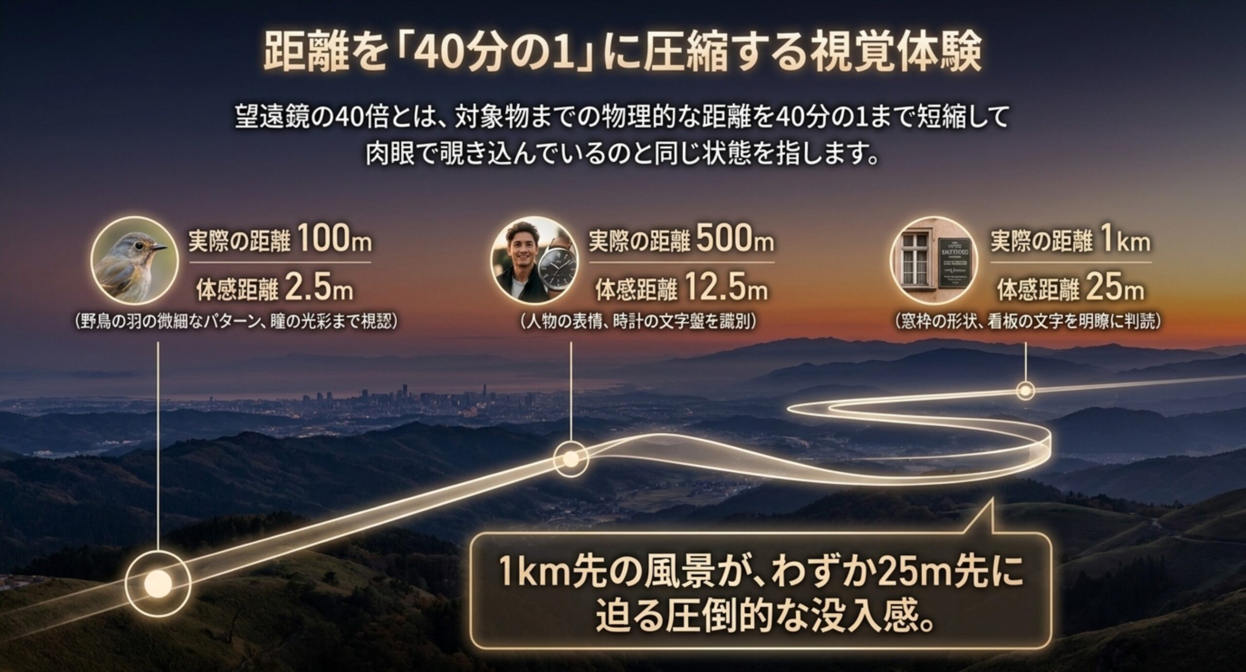 100m先は体感2.5m、1km先は体感25mになるという40倍の距離圧縮を図解したスライド