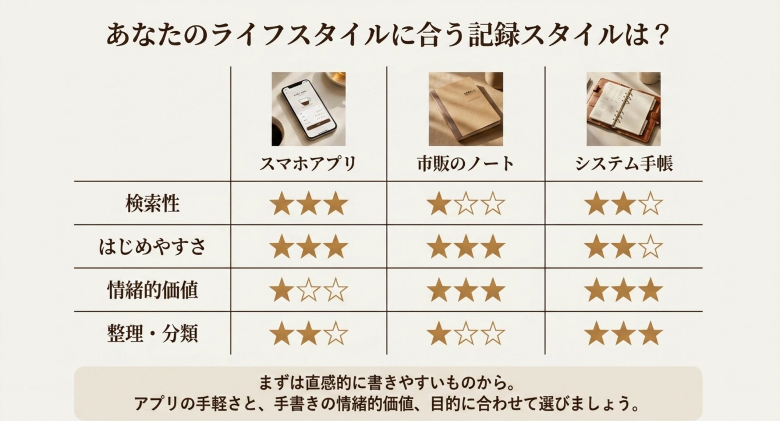 スマホアプリ・市販のノート・システム手帳を検索性やはじめやすさなど4項目で比較した星取り表スライド