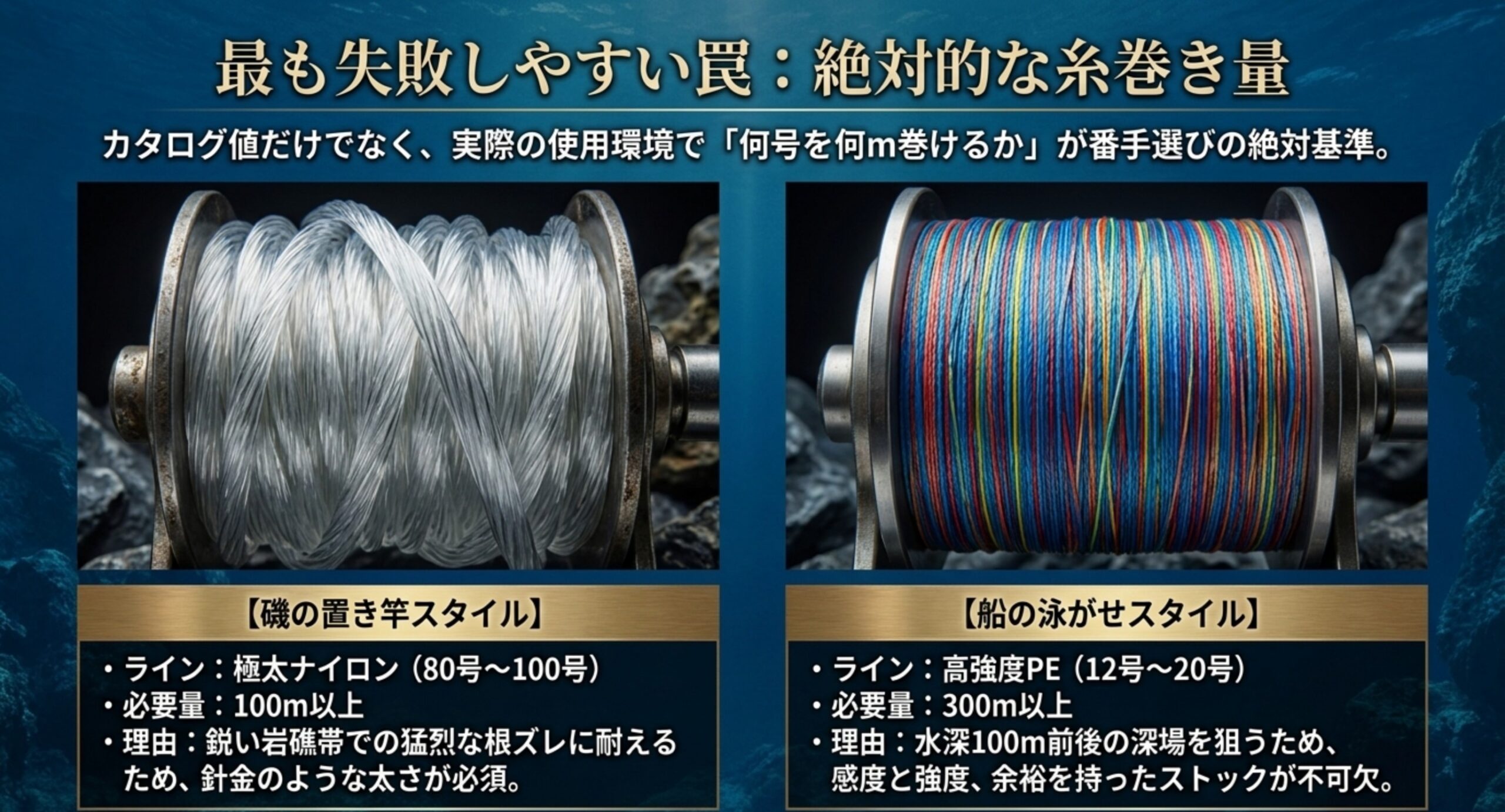 磯の置き竿は極太ナイロン80〜100号を100m以上、船の泳がせは高強度PE12〜20号を300m以上という糸巻き量の目安スライド