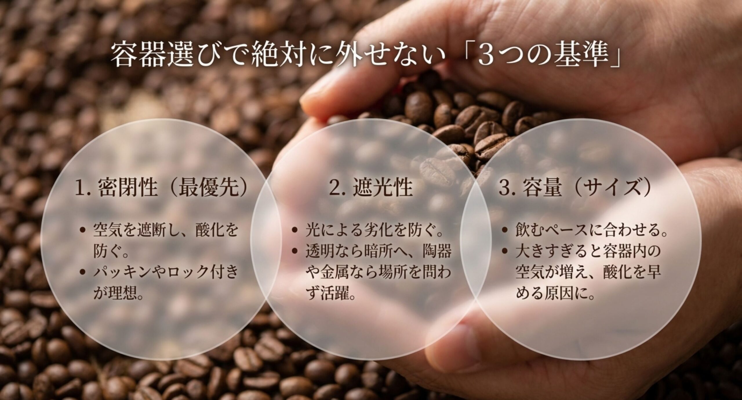密閉性・遮光性・容量という保存容器選びの3つの基準を示したイメージ図