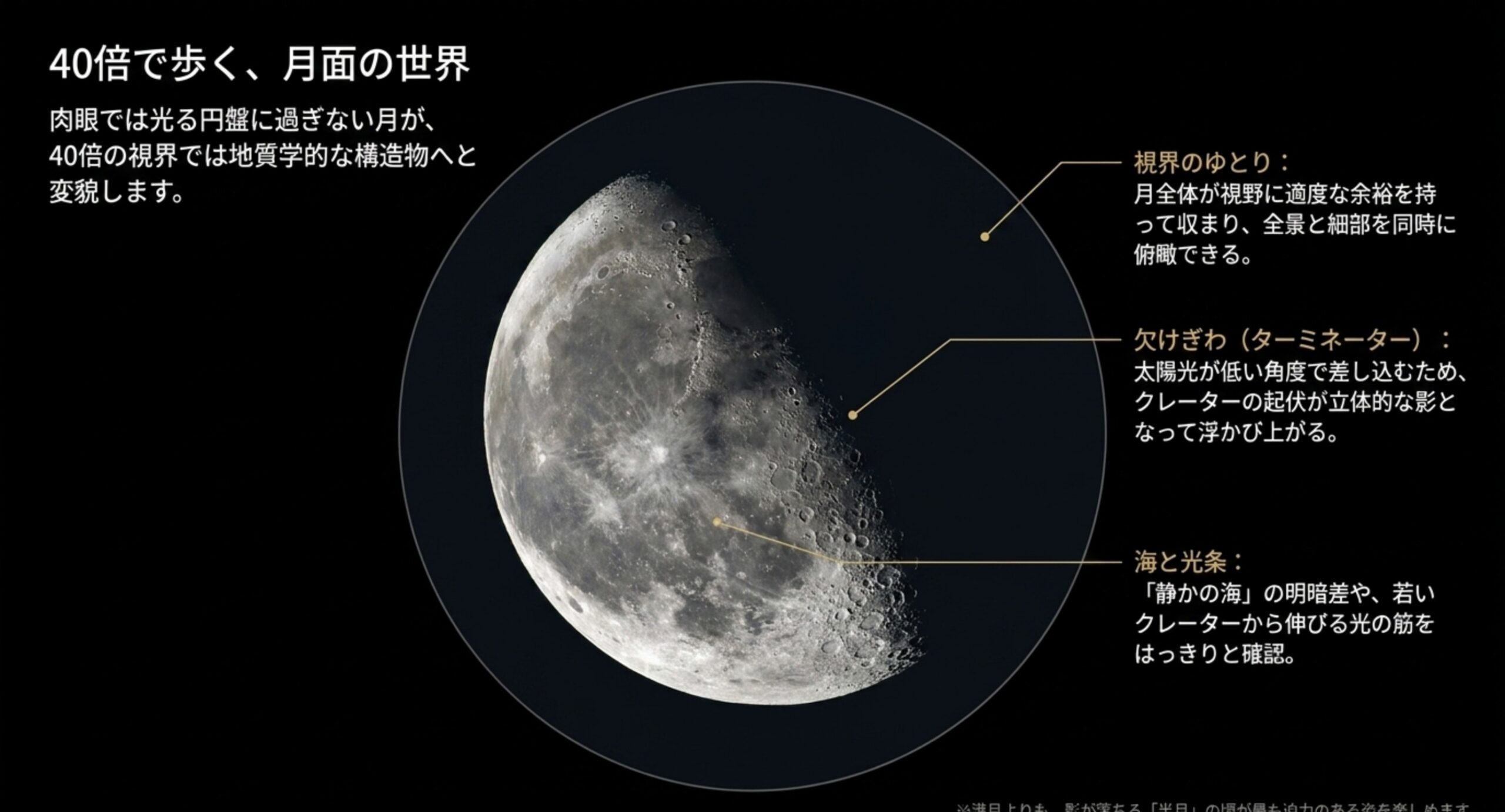 40倍の望遠鏡で見た月面。視界のゆとり・欠けぎわの立体的な影・静かの海の明暗差を説明したスライド