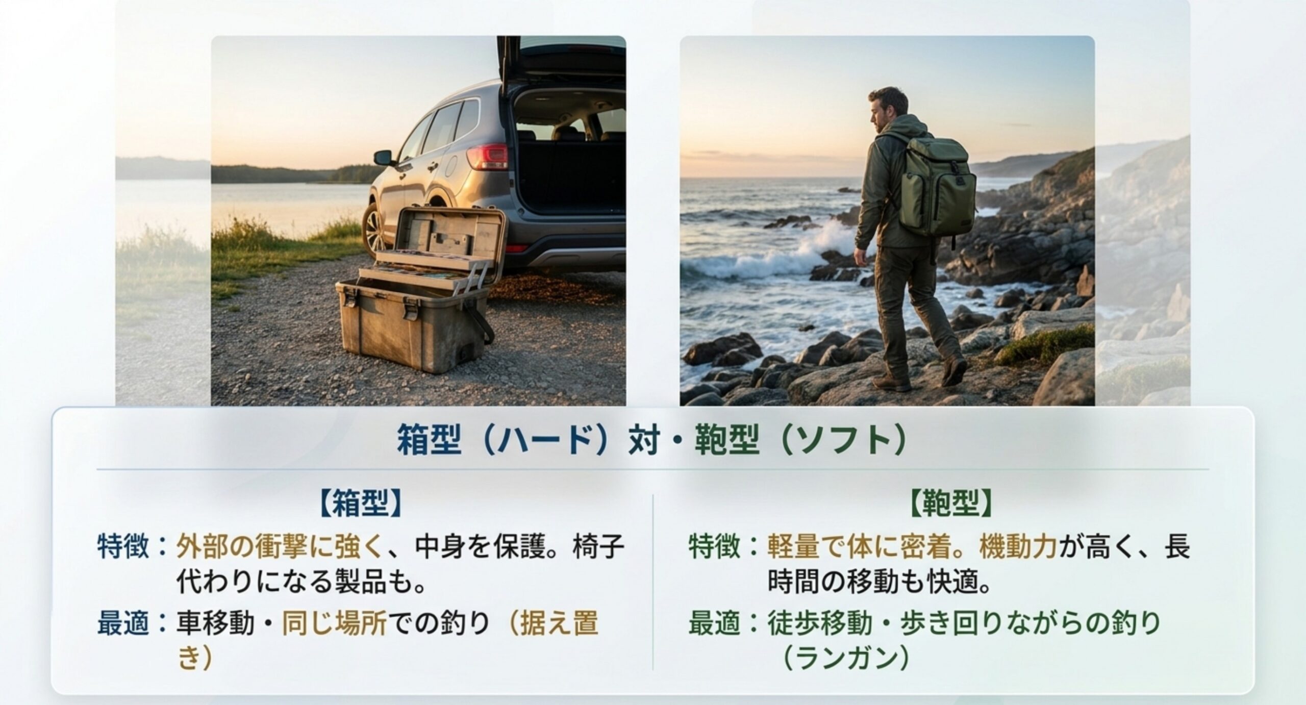 車移動向けのハード型と徒歩移動向けのソフト型タックルバッグを対比したイメージ写真