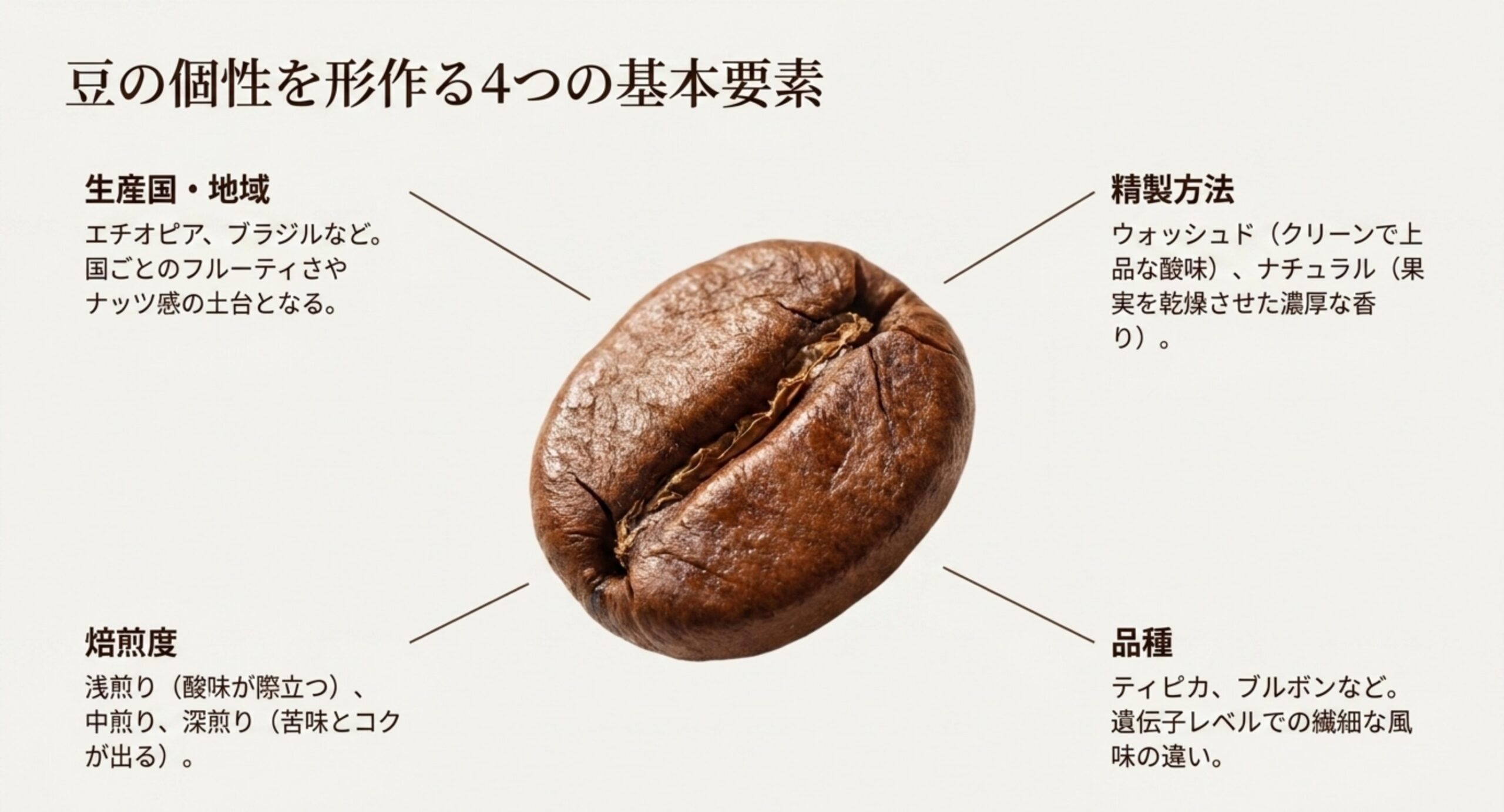 生産国・精製方法・焙煎度・品種というコーヒー豆の個性を決める4要素をまとめたスライド