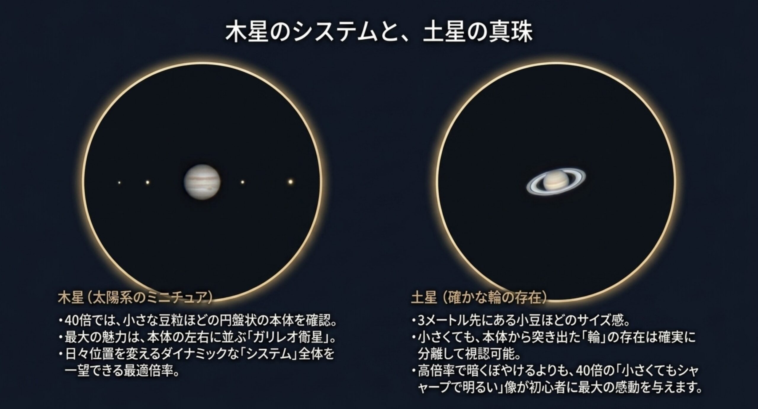 40倍で見た木星のガリレオ衛星と、3メートル先の小豆ほどのサイズ感で輪が確認できる土星の見え方スライド