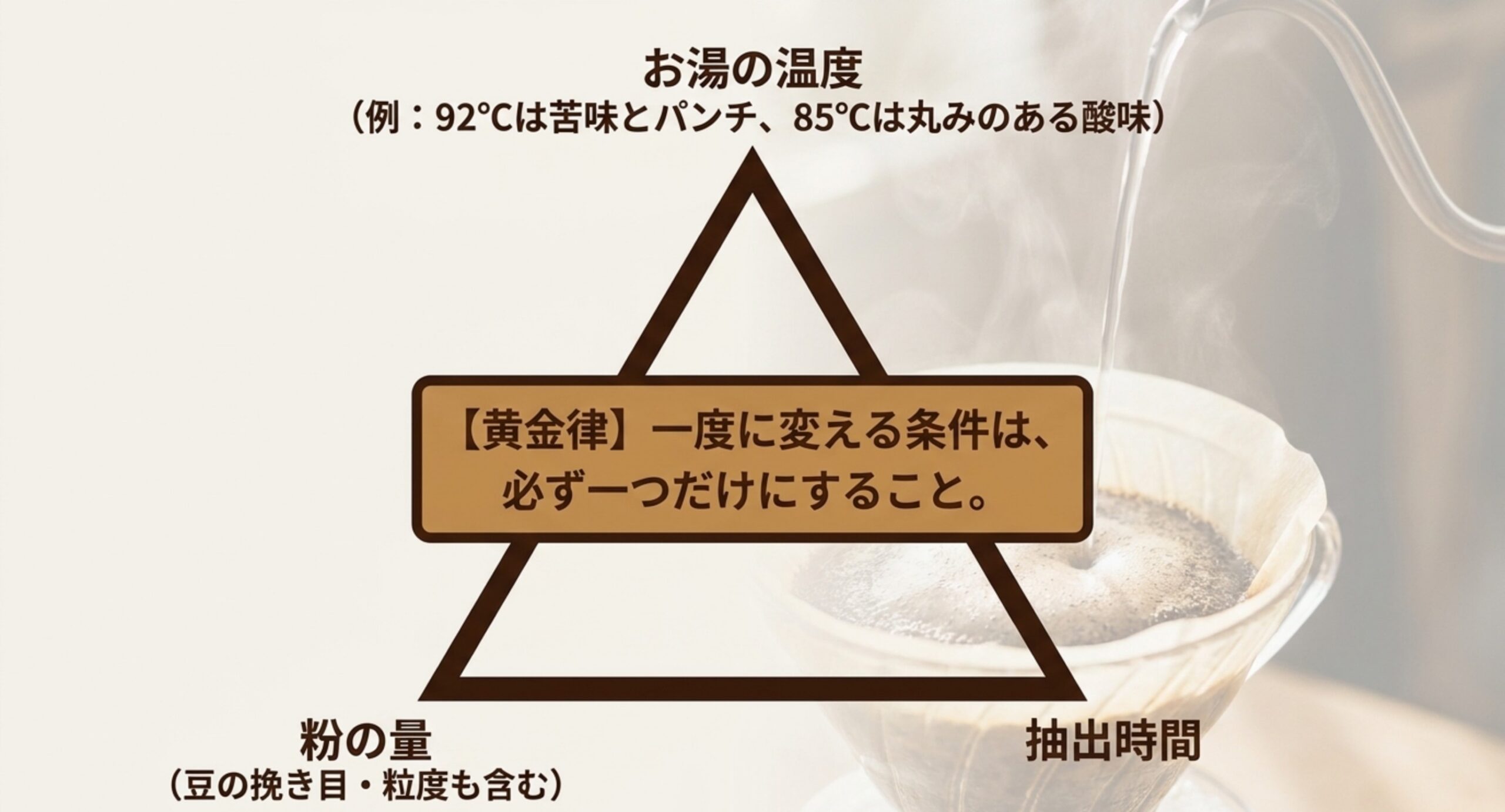 お湯の温度・粉の量・抽出時間の三角形と、一度に変える条件は一つだけという黄金律を示したスライド