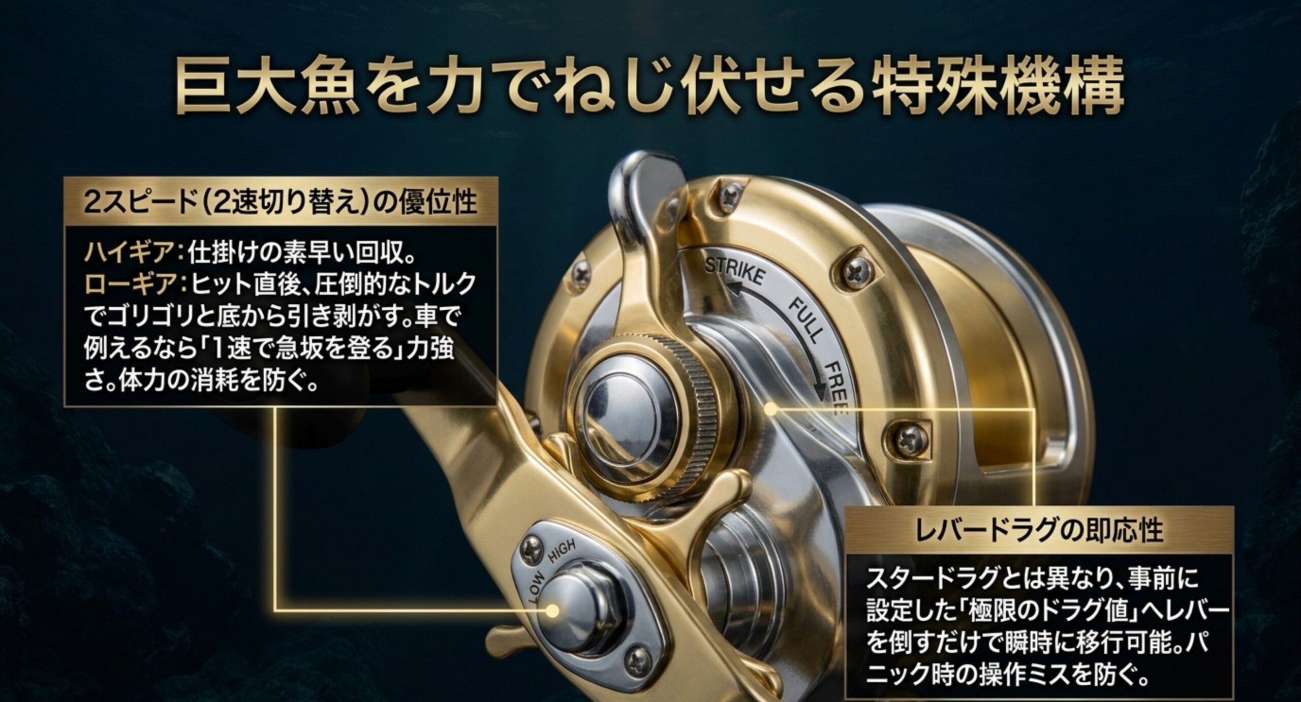 ハイギアとローギアの2速切り替えと、瞬時に設定値へ移行できるレバードラグの利点を説明したスライド