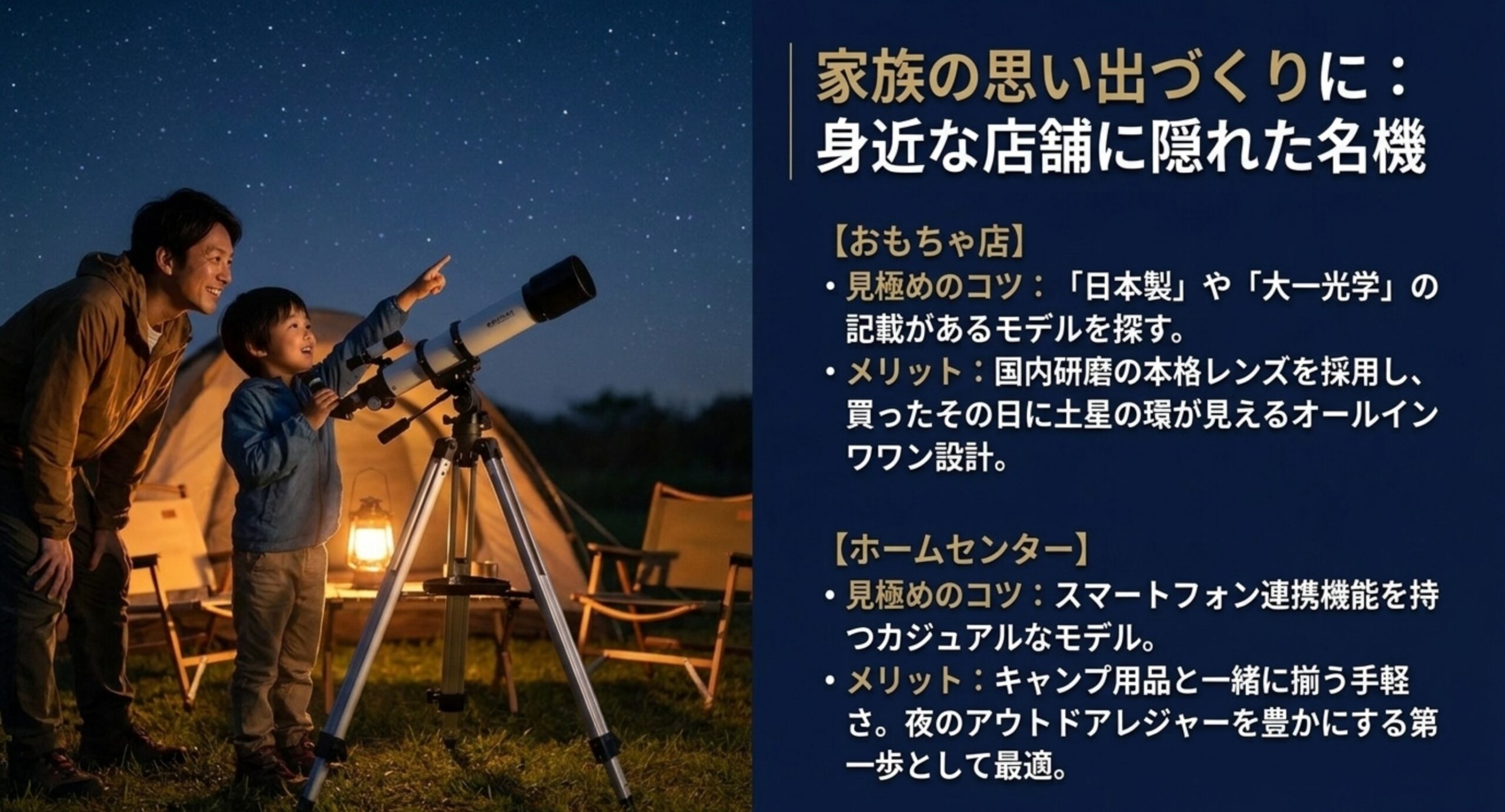 トイザらスとホームセンターの望遠鏡の見極め方 おもちゃ店の日本製モデルとホームセンターのスマホ連携モデルの見極めのコツをまとめたスライド