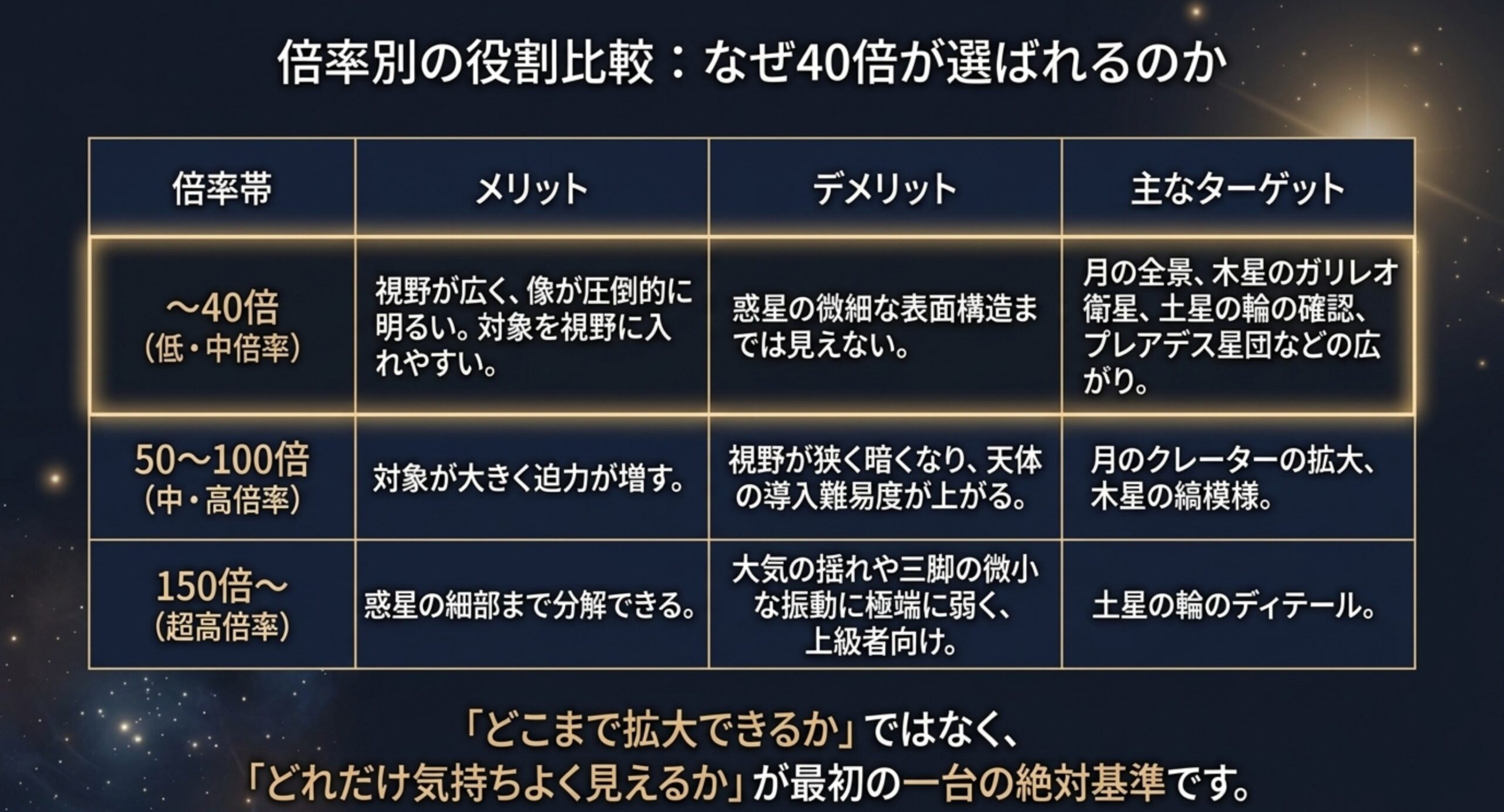 40倍・50〜100倍・150倍以上の倍率帯ごとのメリットとデメリットを比較した表スライド