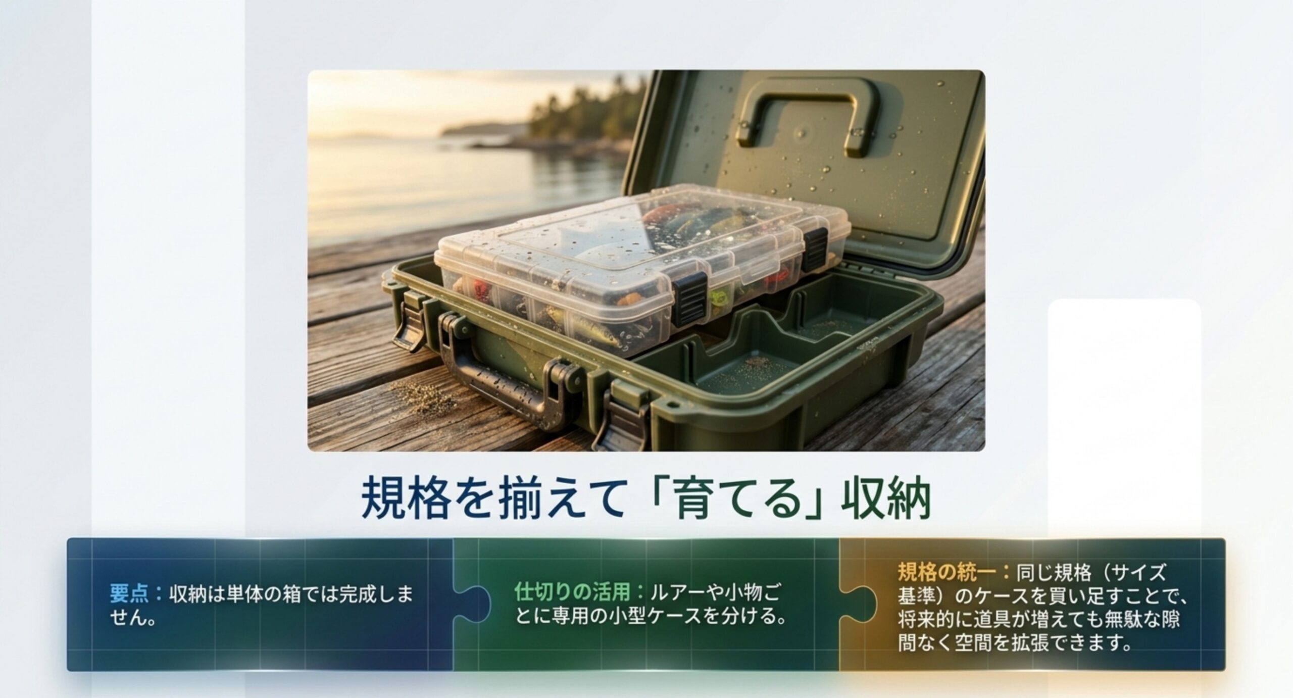 同じ規格の小物ケースを組み合わせてタックルボックスの収納を拡張するイメージ写真