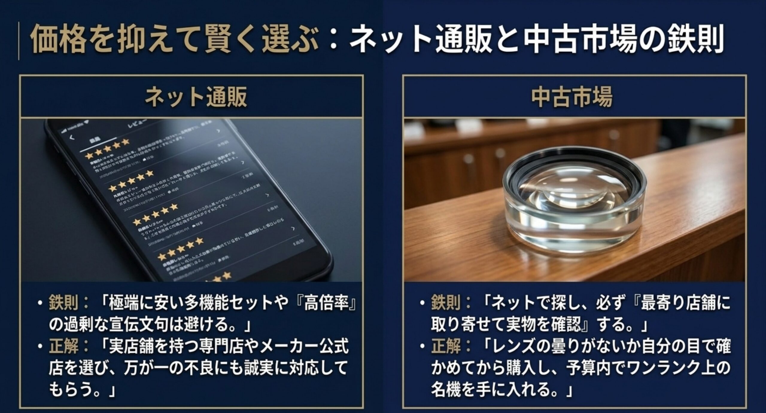 ネット通販と中古市場で賢く買う鉄則 ネット通販は過剰な宣伝文句を避け実店舗のある店を選ぶ、中古は実物確認という鉄則をまとめたスライド