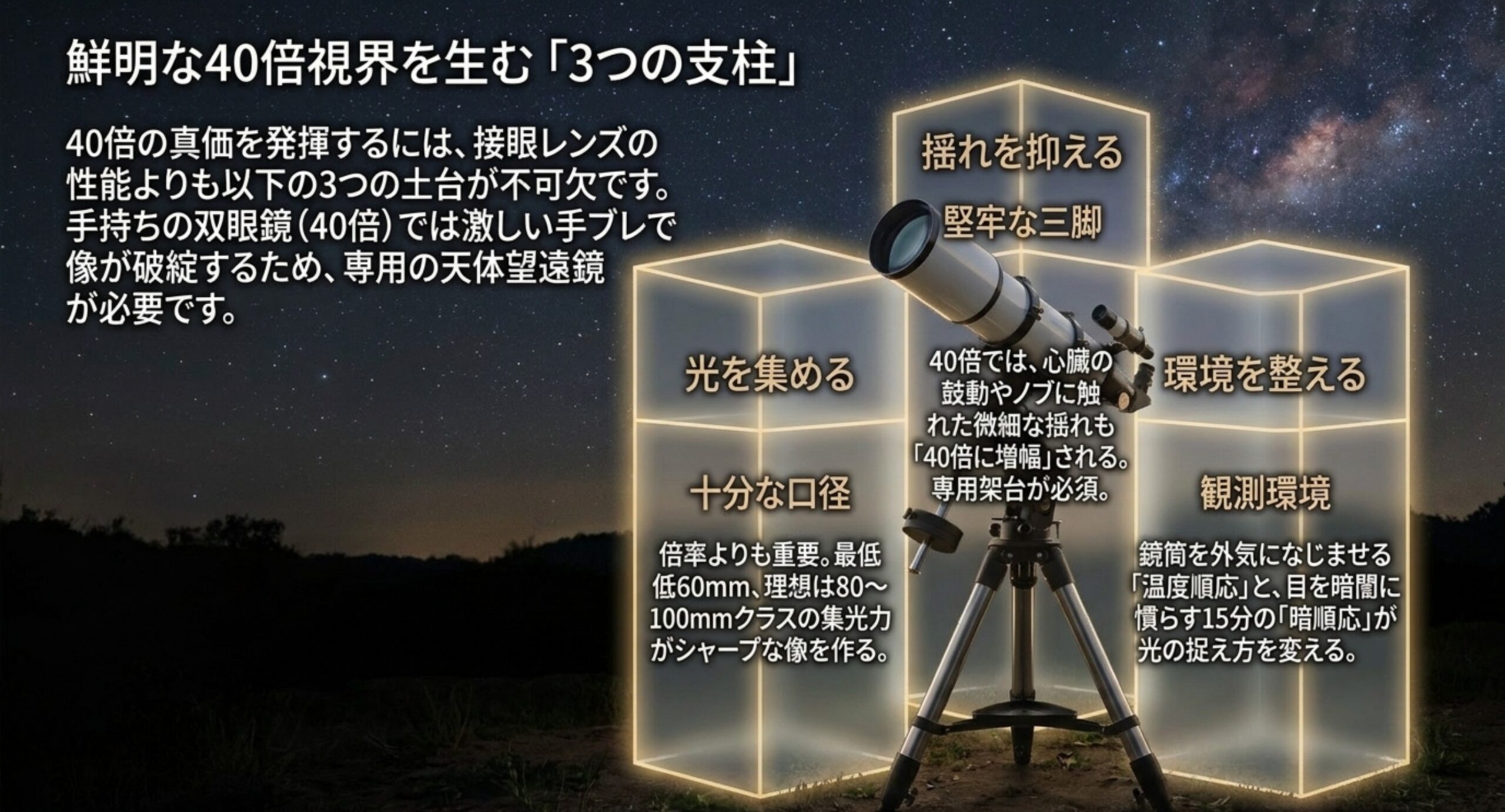 十分な口径・揺れを抑える三脚・観測環境という40倍を活かす3条件をまとめたスライド