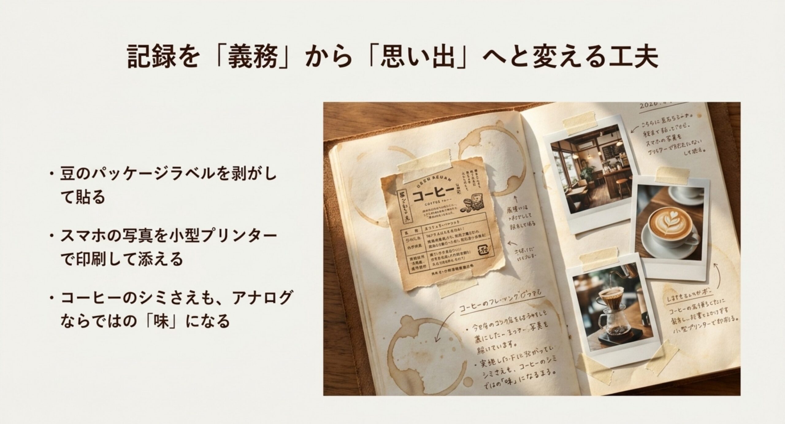 豆のパッケージラベルや写真をノートに貼って、記録を義務から思い出に変える工夫を紹介するスライド